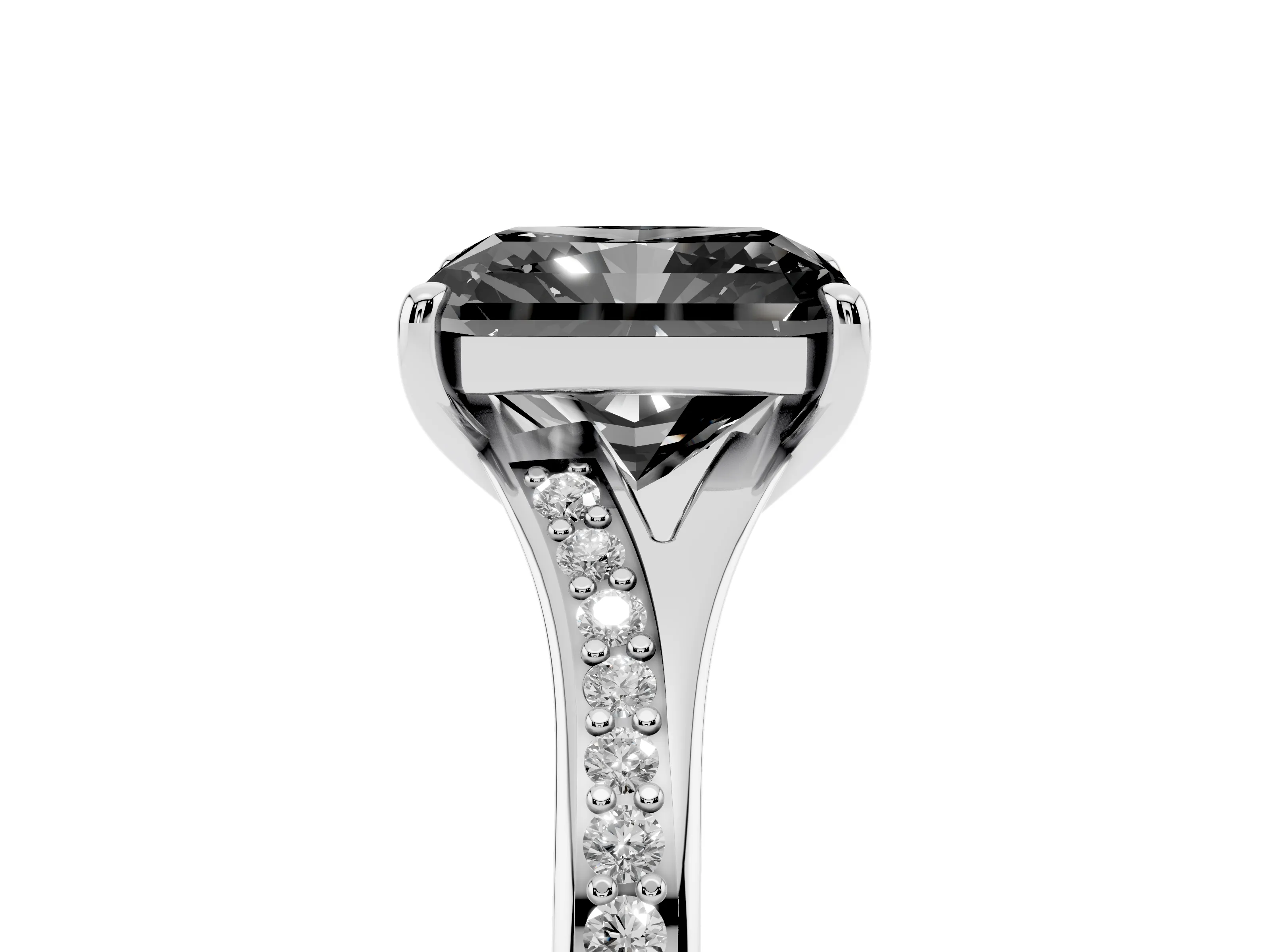 Fancy Black Radiant Cut Diamond Solitaire Ring Set in White gold with Pavé Accent Band and Classic Prong Setting