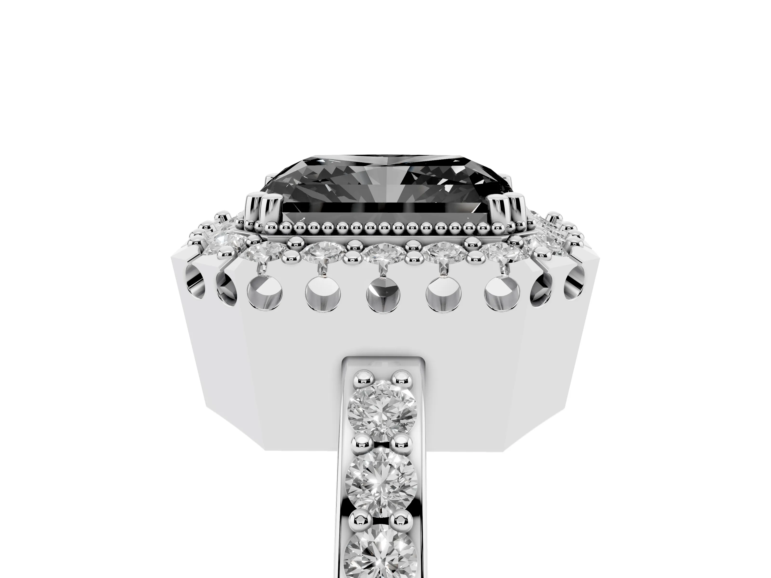 Fancy Black Radiant Cut Diamond Halo Ring Set in Silver with Pavé Shank and Prong Setting