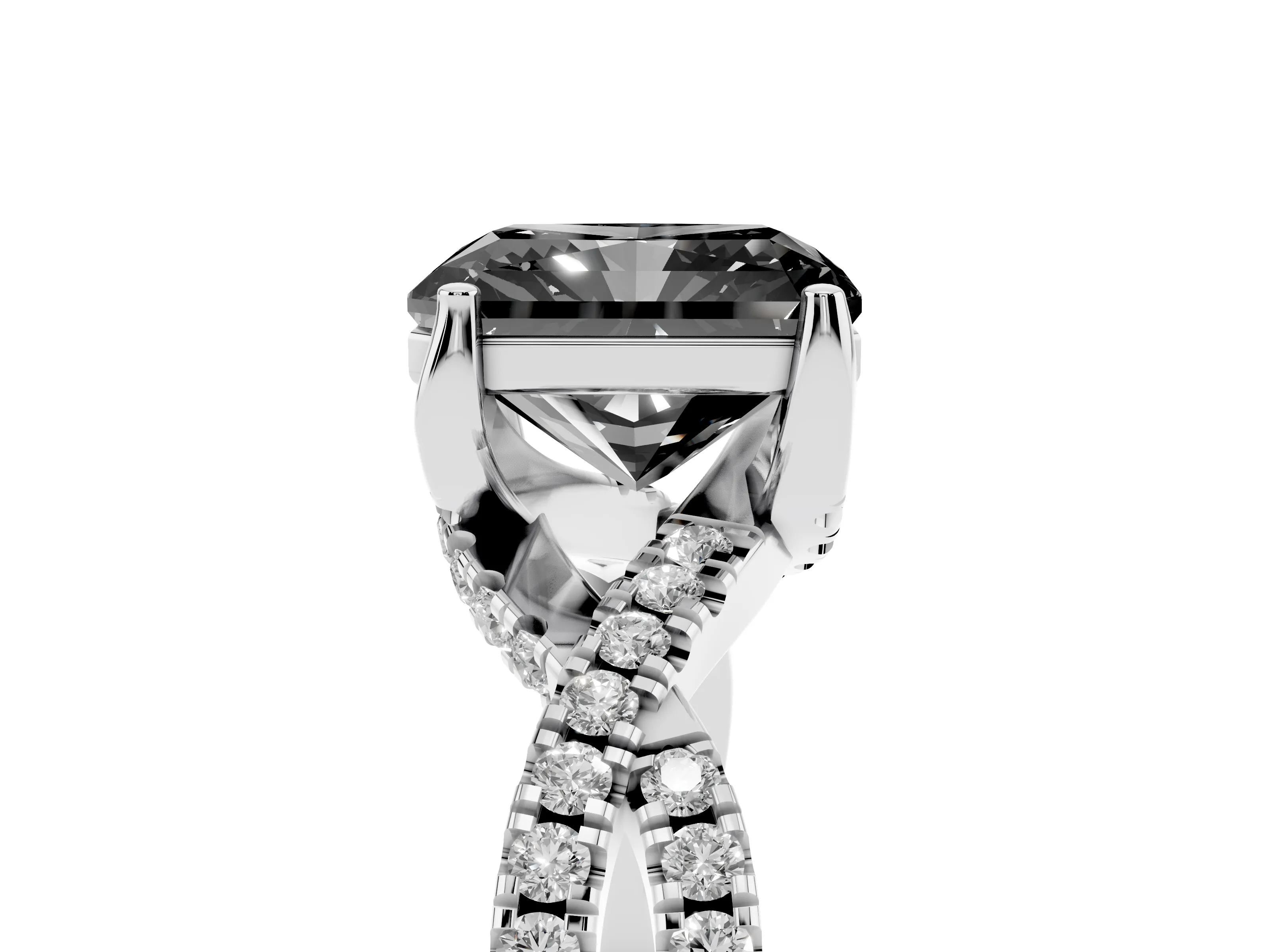 Fancy Black Radiant Cut Diamond Twist Pavé Solitaire Engagement Ring Set in Platinum with Prong Setting