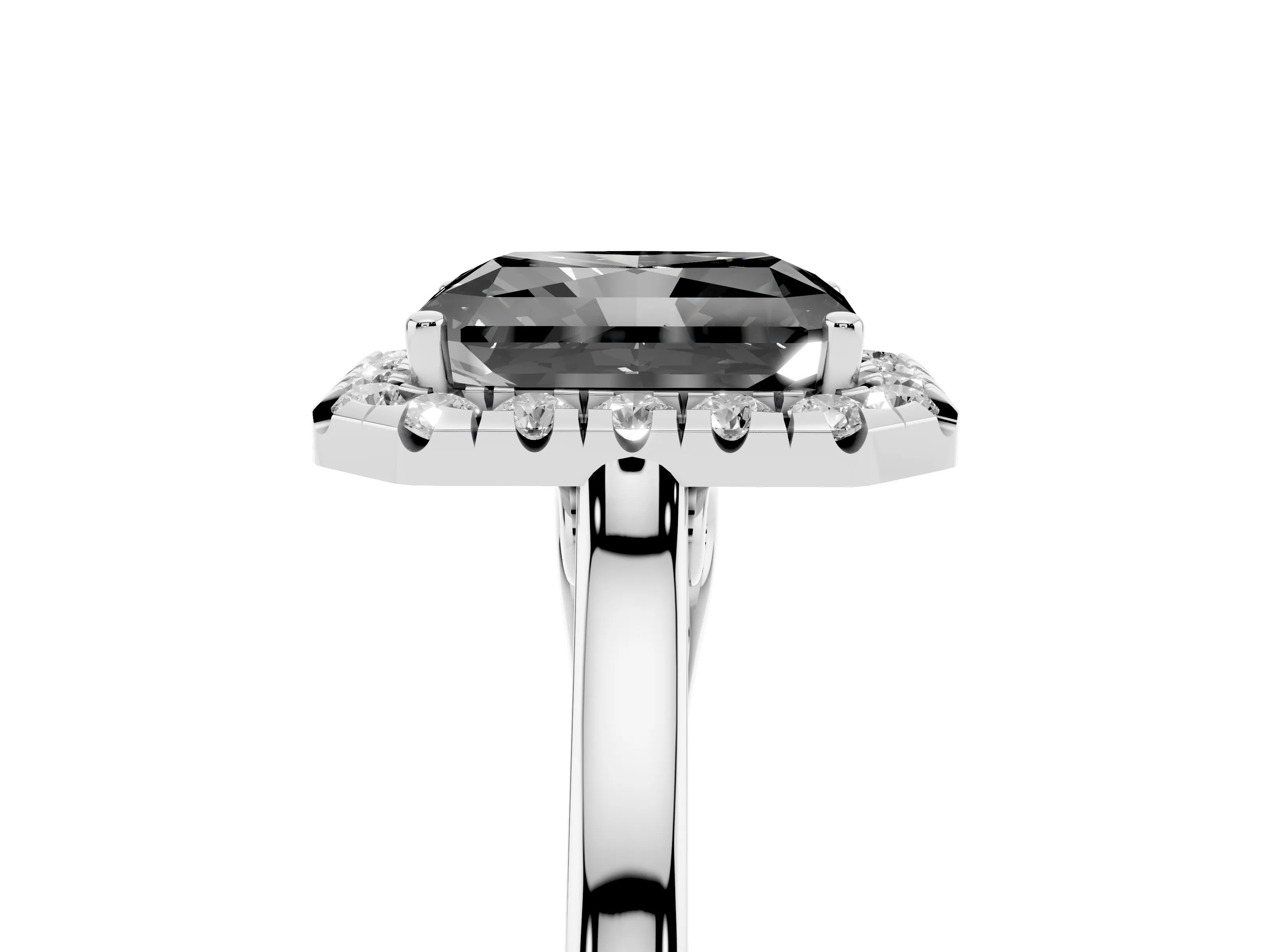 Fancy Black Radiant Cut Halo Round Diamond Solitaire Ring Set in Silver with Pavé Band and Prong Setting