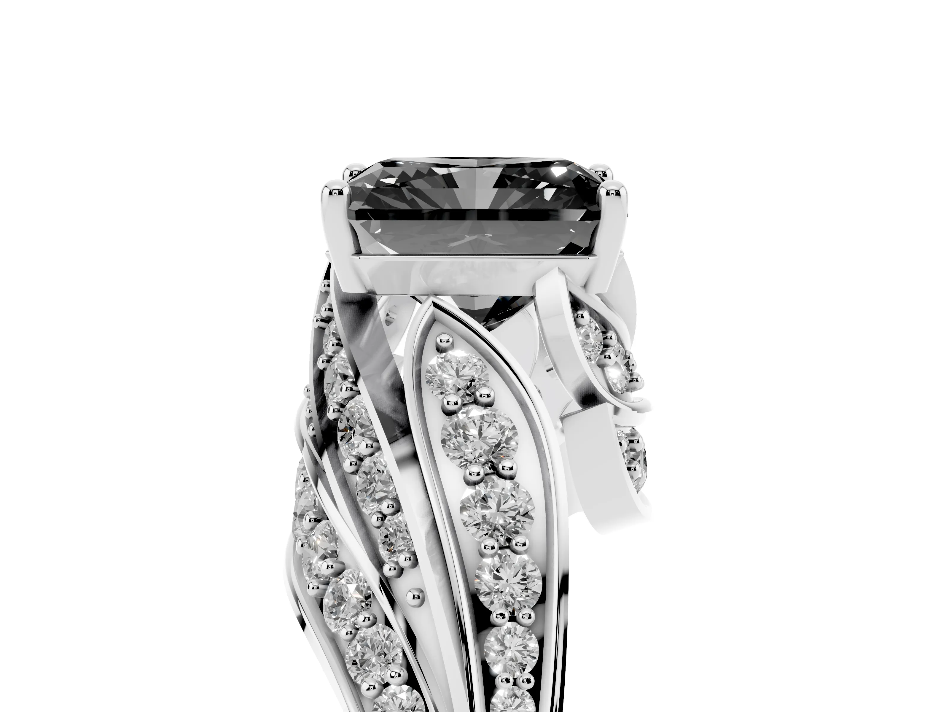 Fancy Black Radiant Cut Diamond Solitaire Ring Set in White gold with Layered Twist Pavé Band