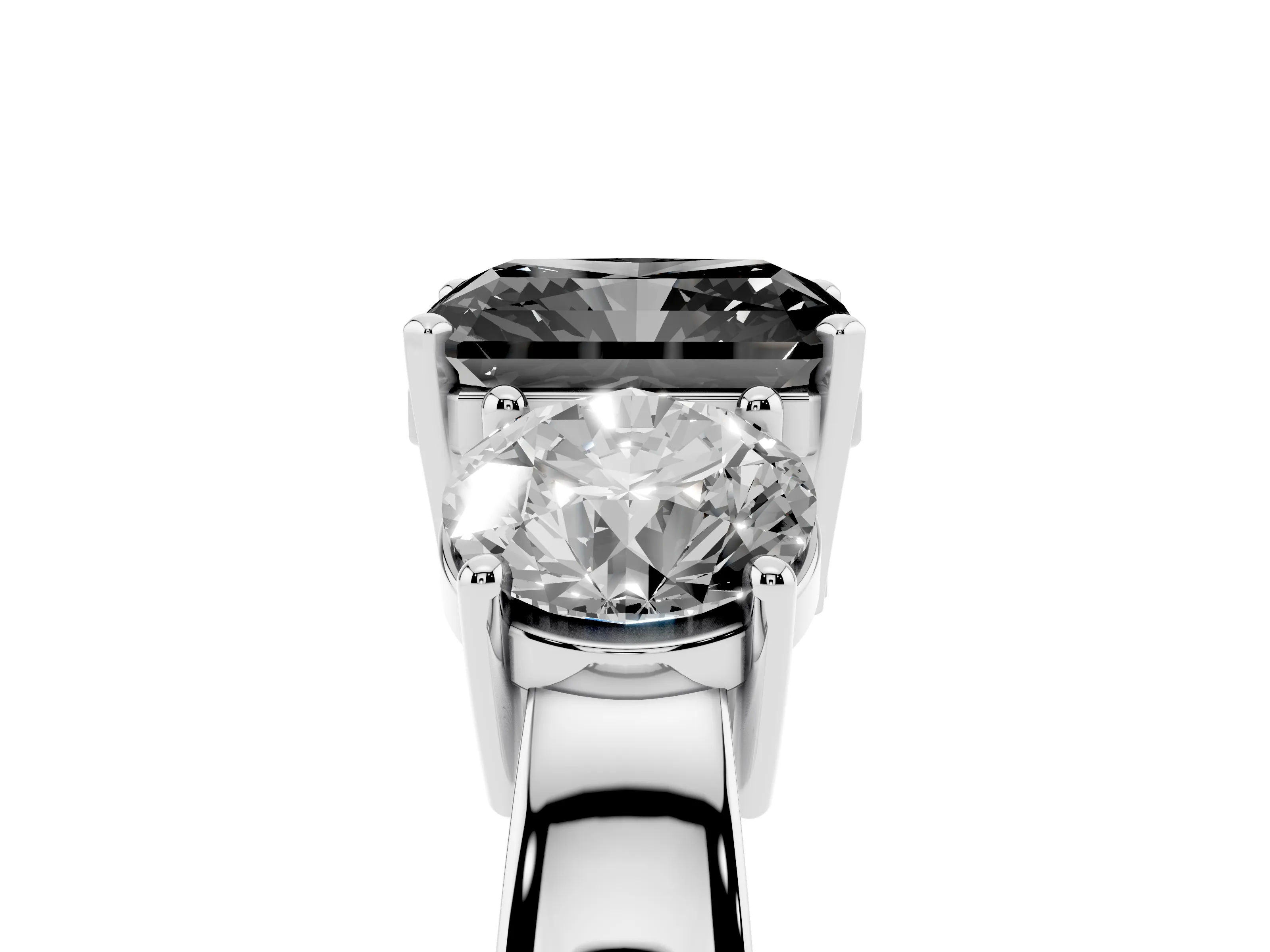 Fancy Black Radiant Cut Diamond Three-Stone Ring Set in Silver with Round Side Stones and Classic Band