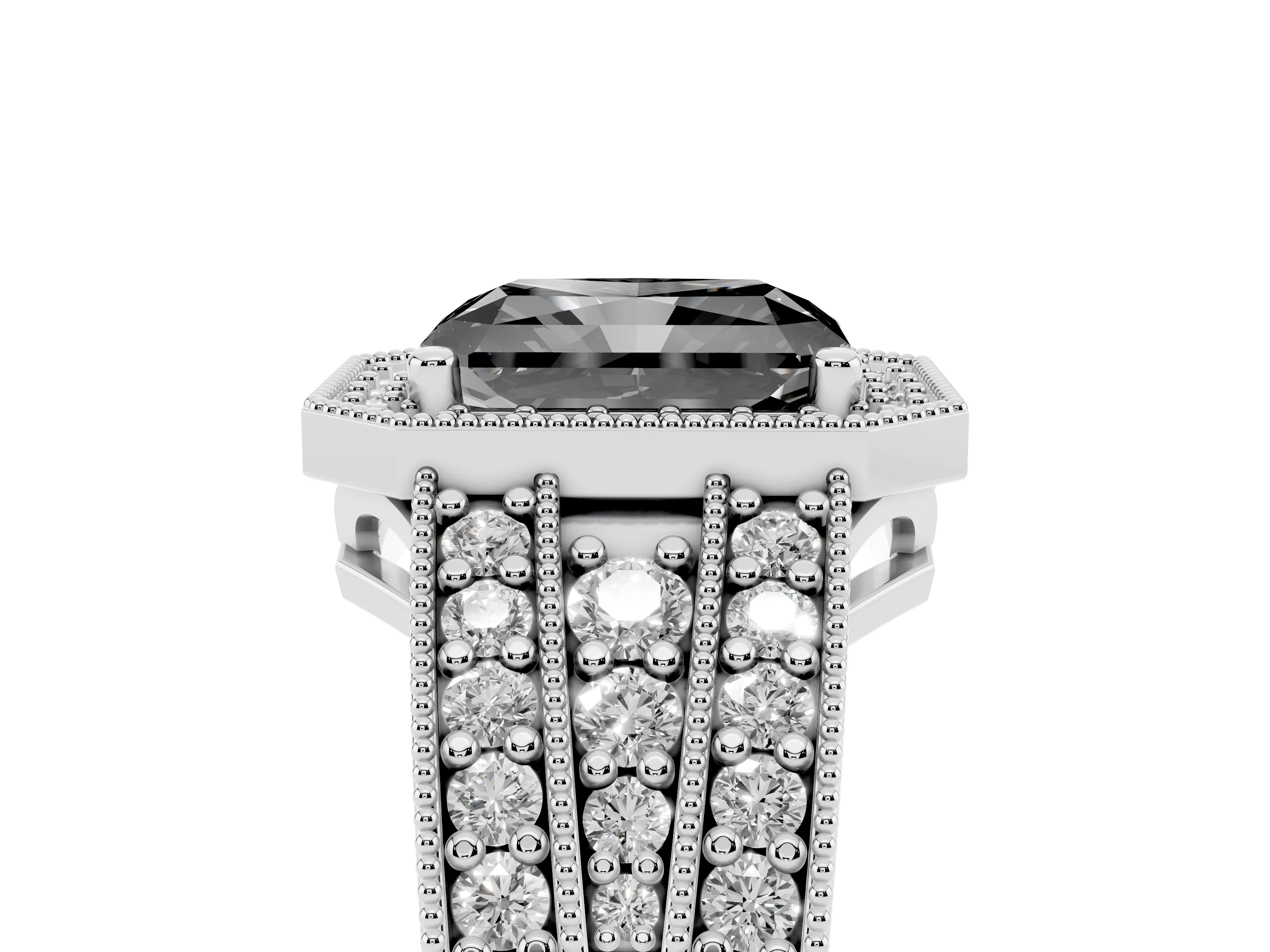 Fancy Black Radiant Cut Diamond Halo Ring Set in White gold with Accent Split Shank and Prong Setting