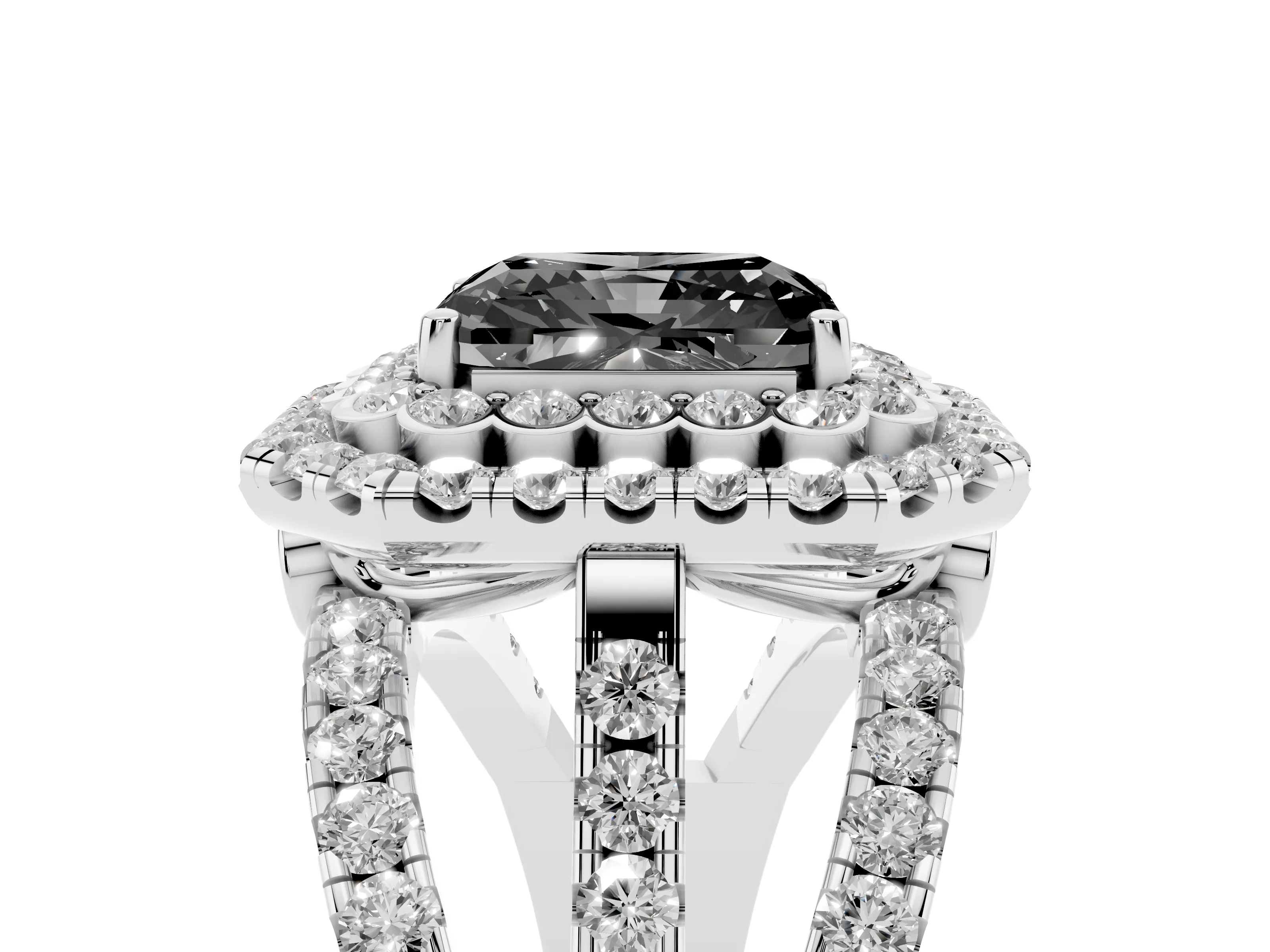 Fancy Black Radiant Cut Diamond Double Halo Ring Set in White gold with Round Pavé Split Shank