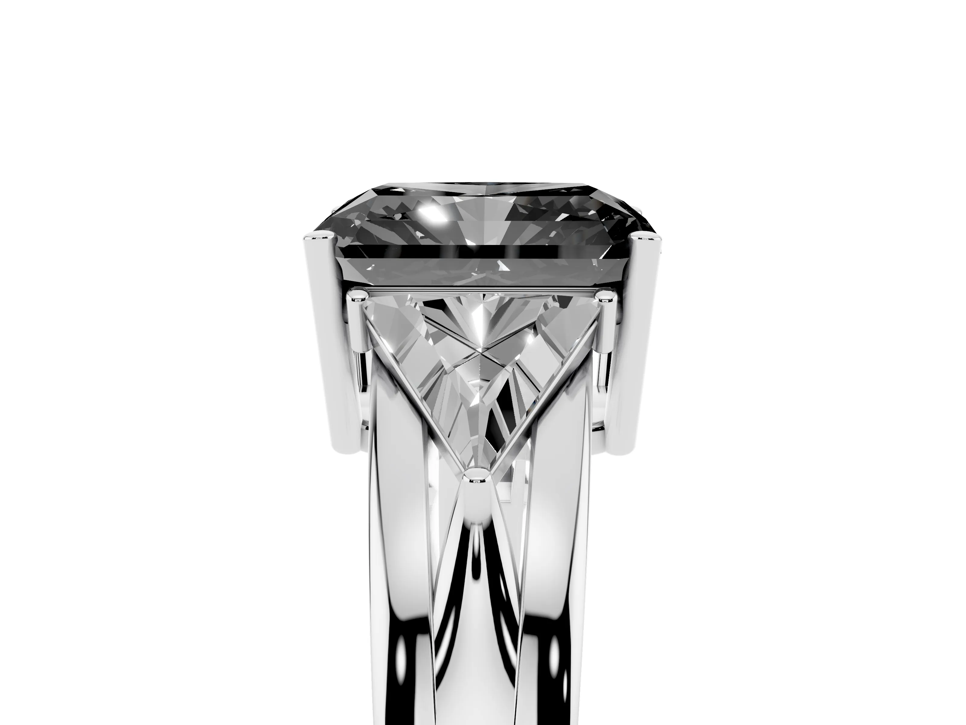 Fancy Black Radiant Cut Diamond Three-Stone Ring Set in Silver with Trillion Side Stones and Split Shank