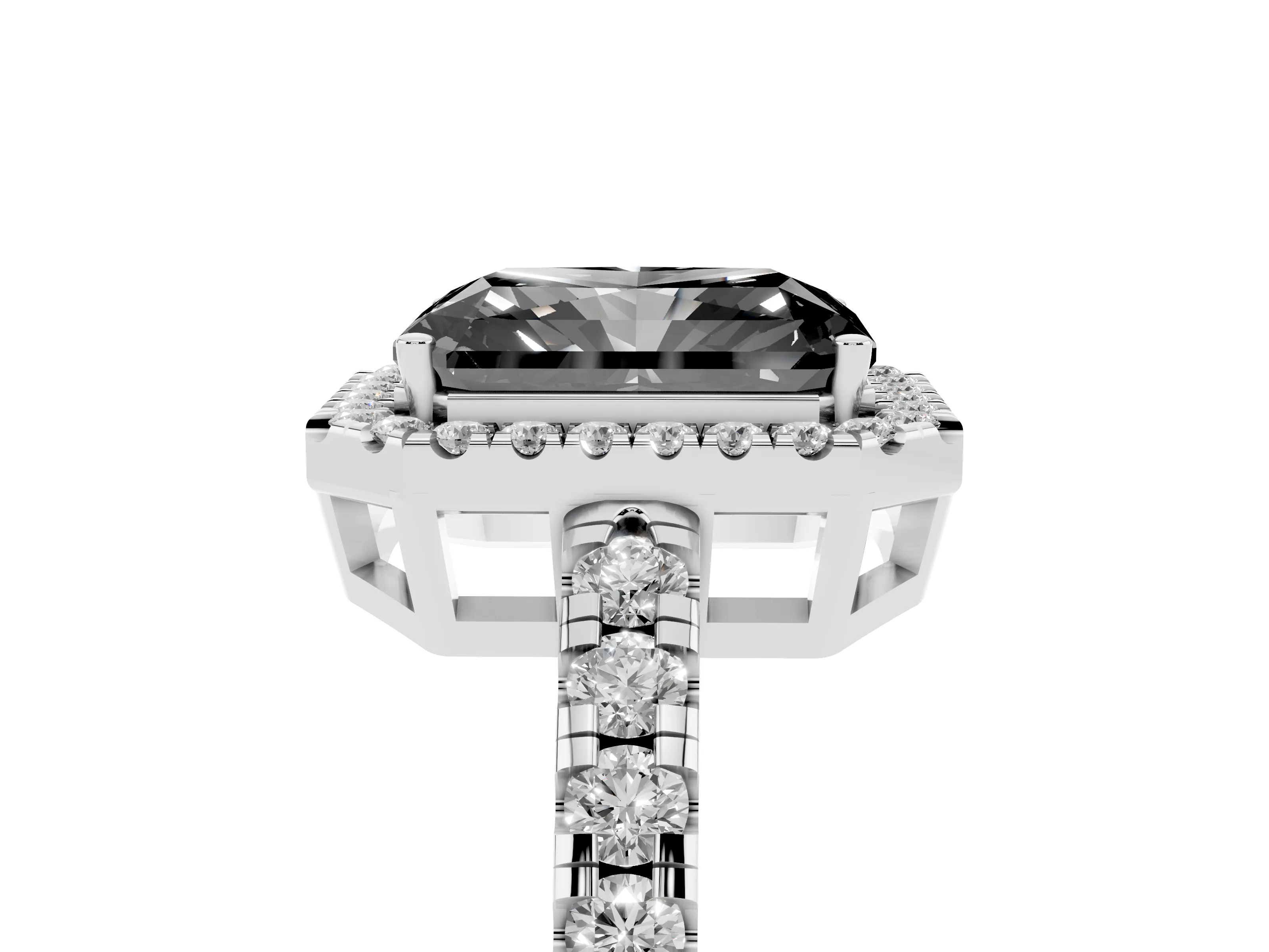 Fancy Black Radiant Cut Diamond Halo Ring Set in Platinum with Delicate Pavé Band and Prong Setting