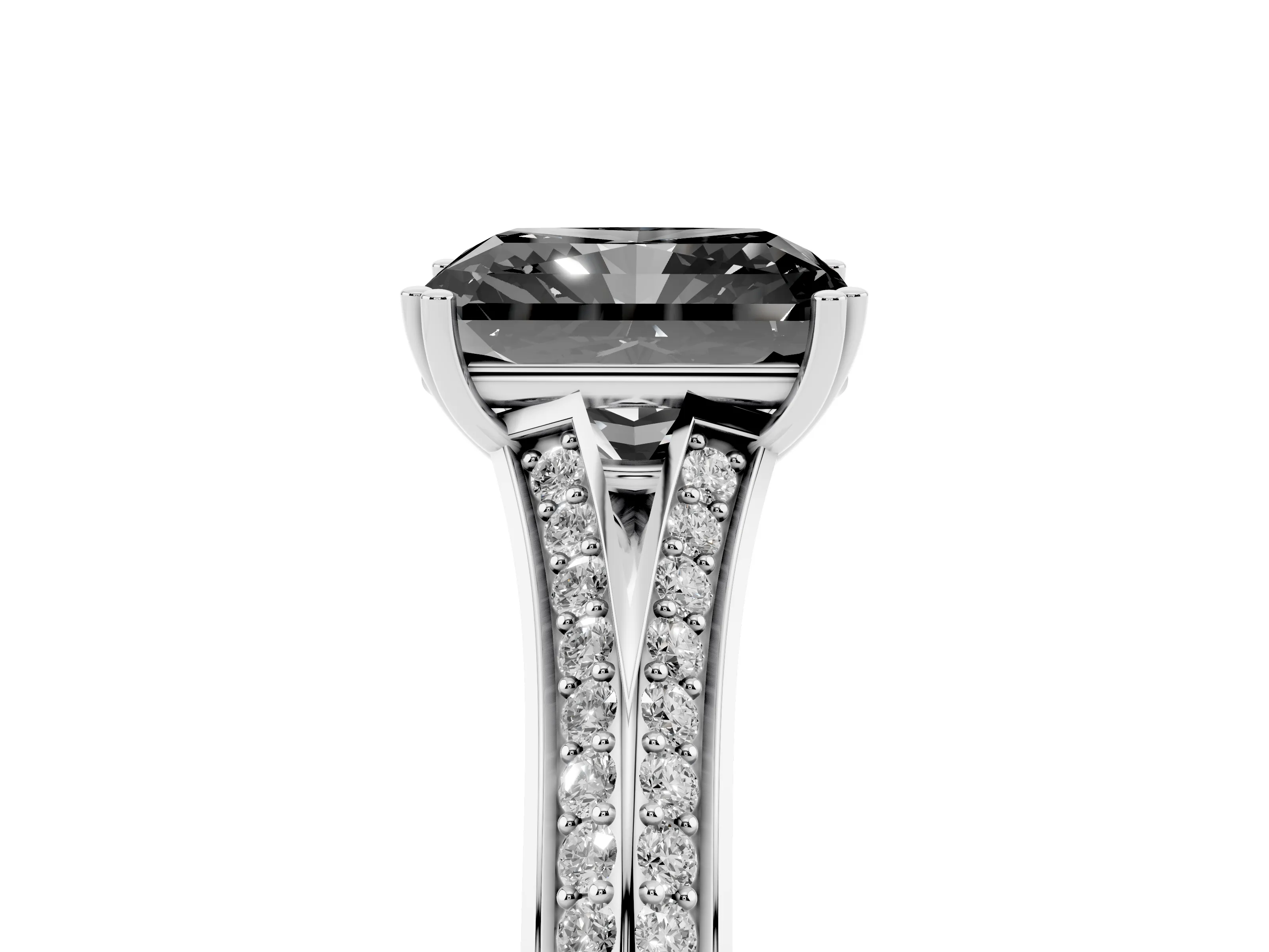 Fancy Black Radiant Cut Diamond Split Shank Pavé Engagement Ring Set in Silver with Prong-Set Center Stone