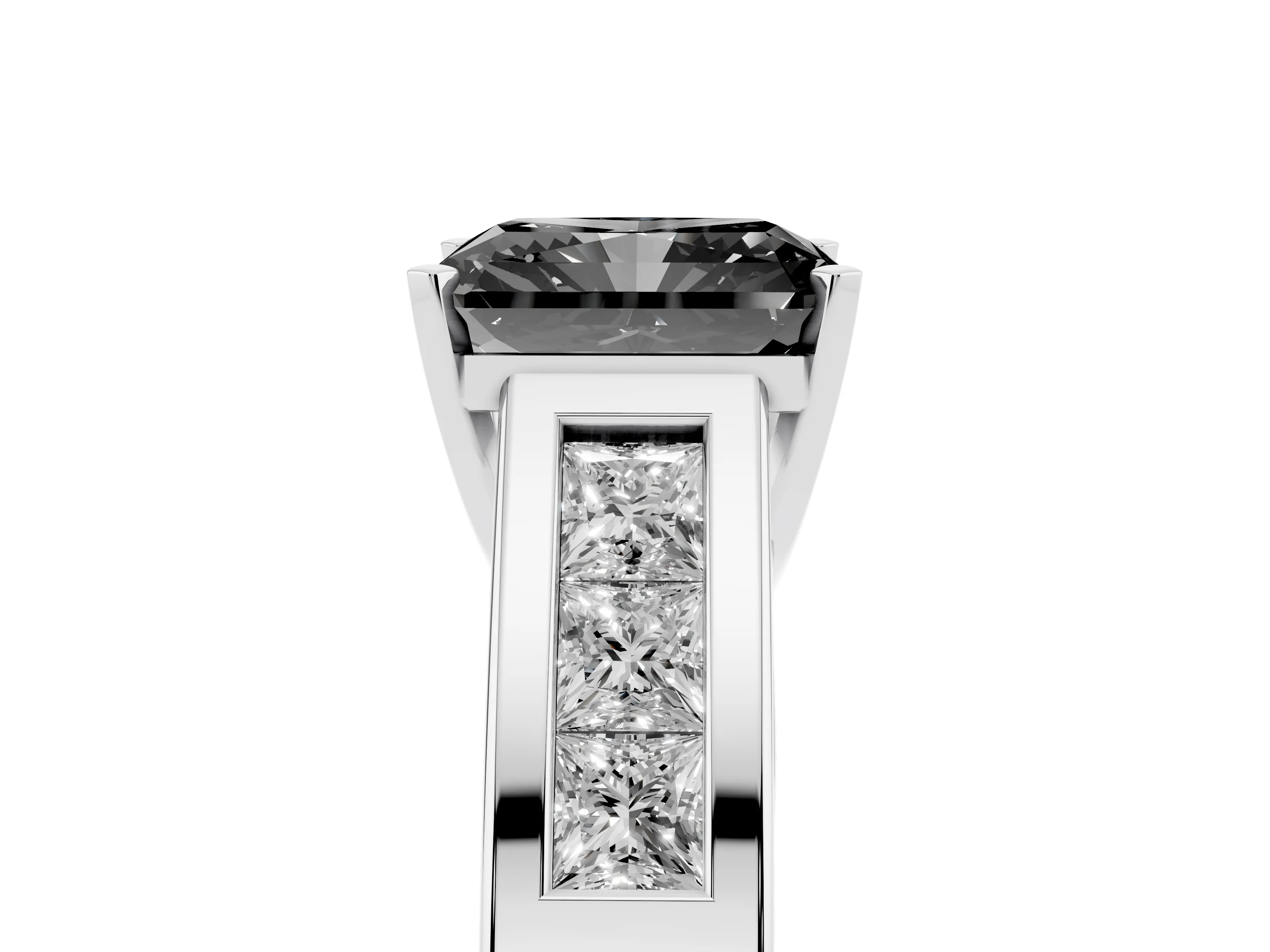 Fancy Black Radiant Cut Diamond Solitaire Ring Set in Silver with Channel-Set Accent Stones and Prong Setting