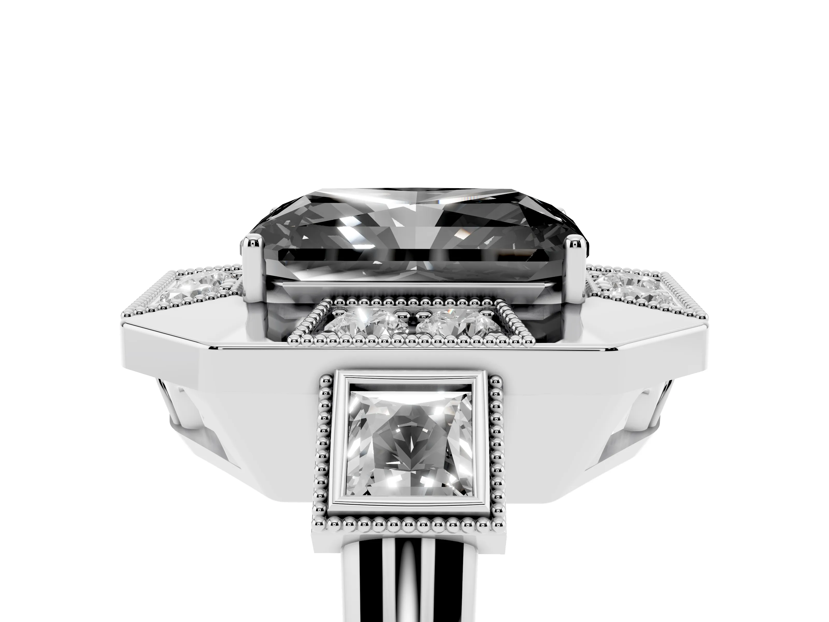 Fancy Black Radiant Cut Diamond Milgrain Halo Ring Set in Silver with Split Shank