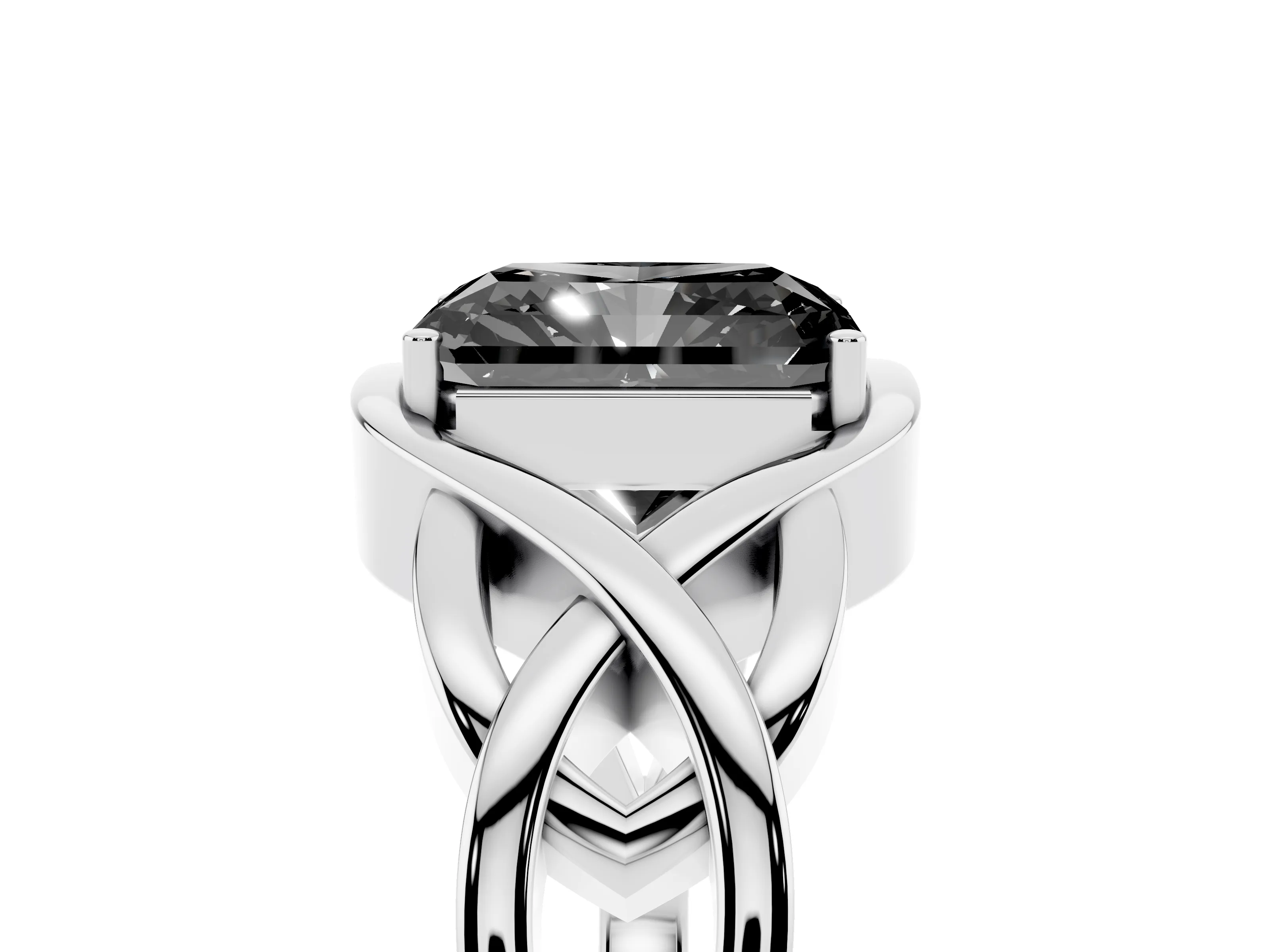 Fancy Black Radiant Cut Diamond Solitaire Ring Set in Platinum with Intertwined Band