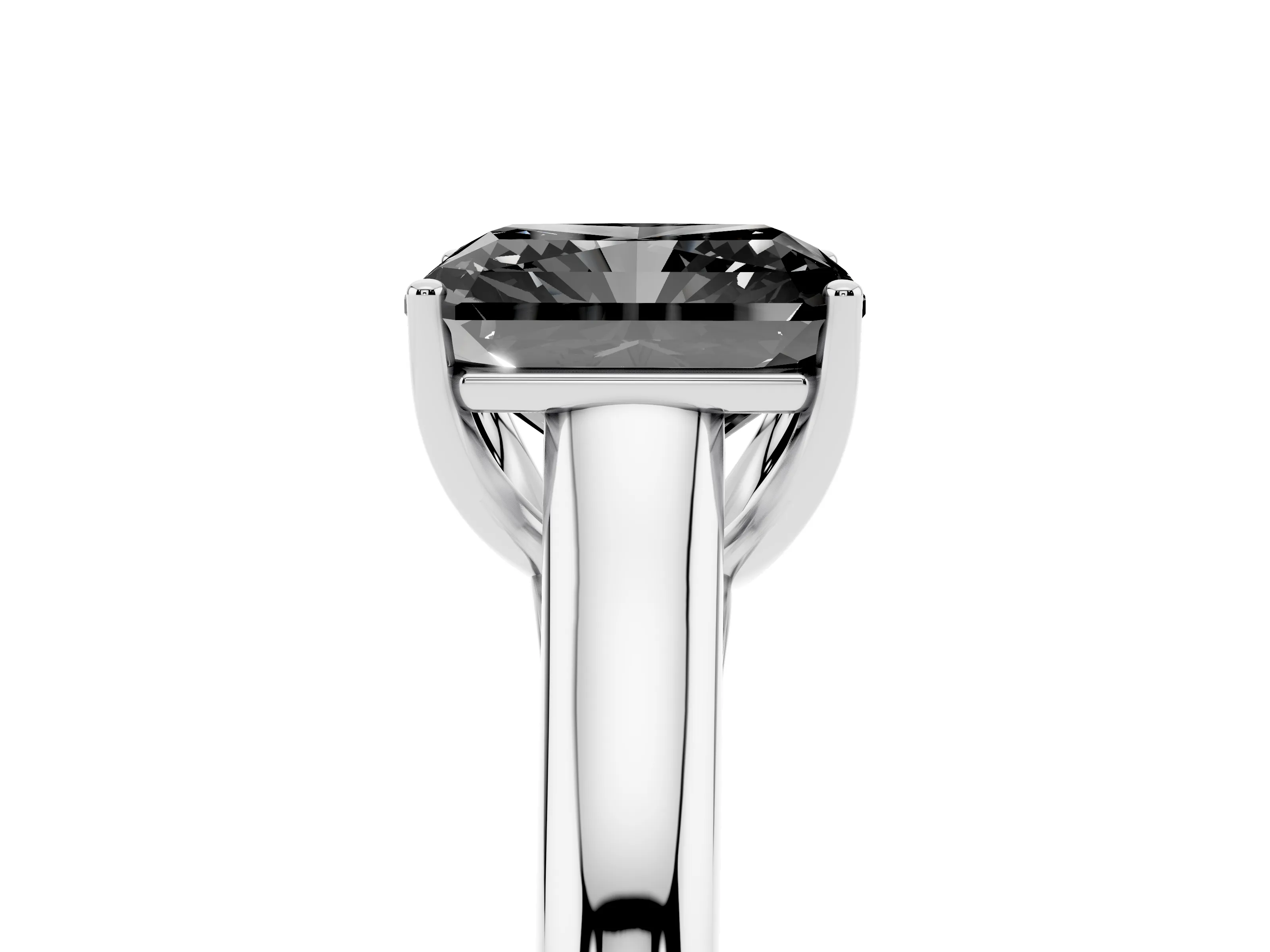 Fancy Black Radiant Cut Diamond Solitaire Engagement Ring Set in White gold with Subtly Tapered Band and Prong Setting