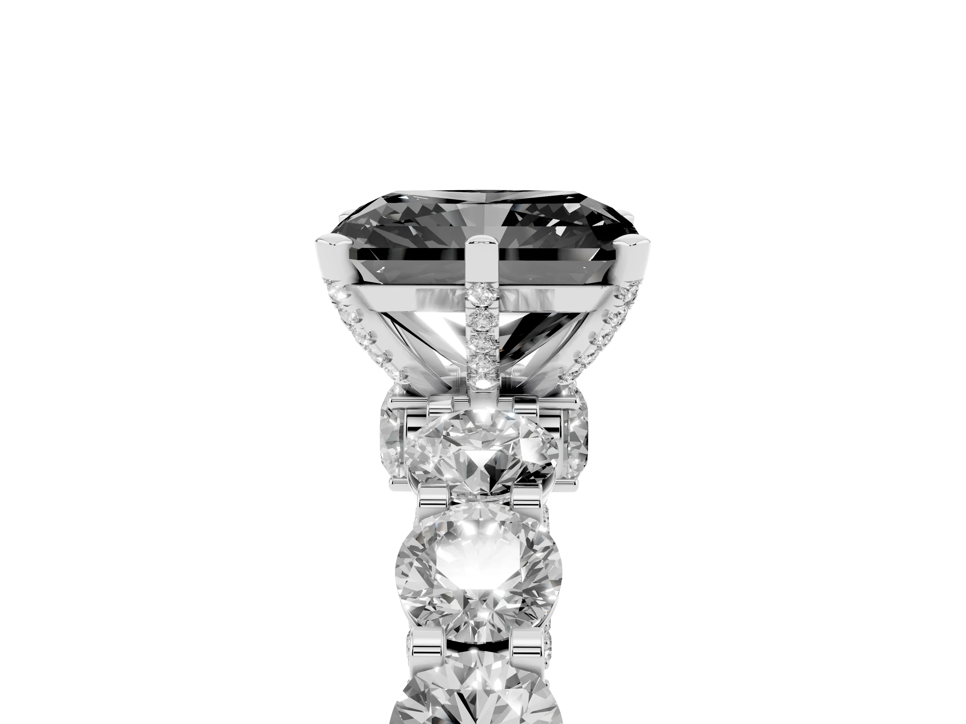 Fancy Black Radiant Cut Diamond Side Stone Ring Set in Silver with Alternating Round and Oval Side Stones