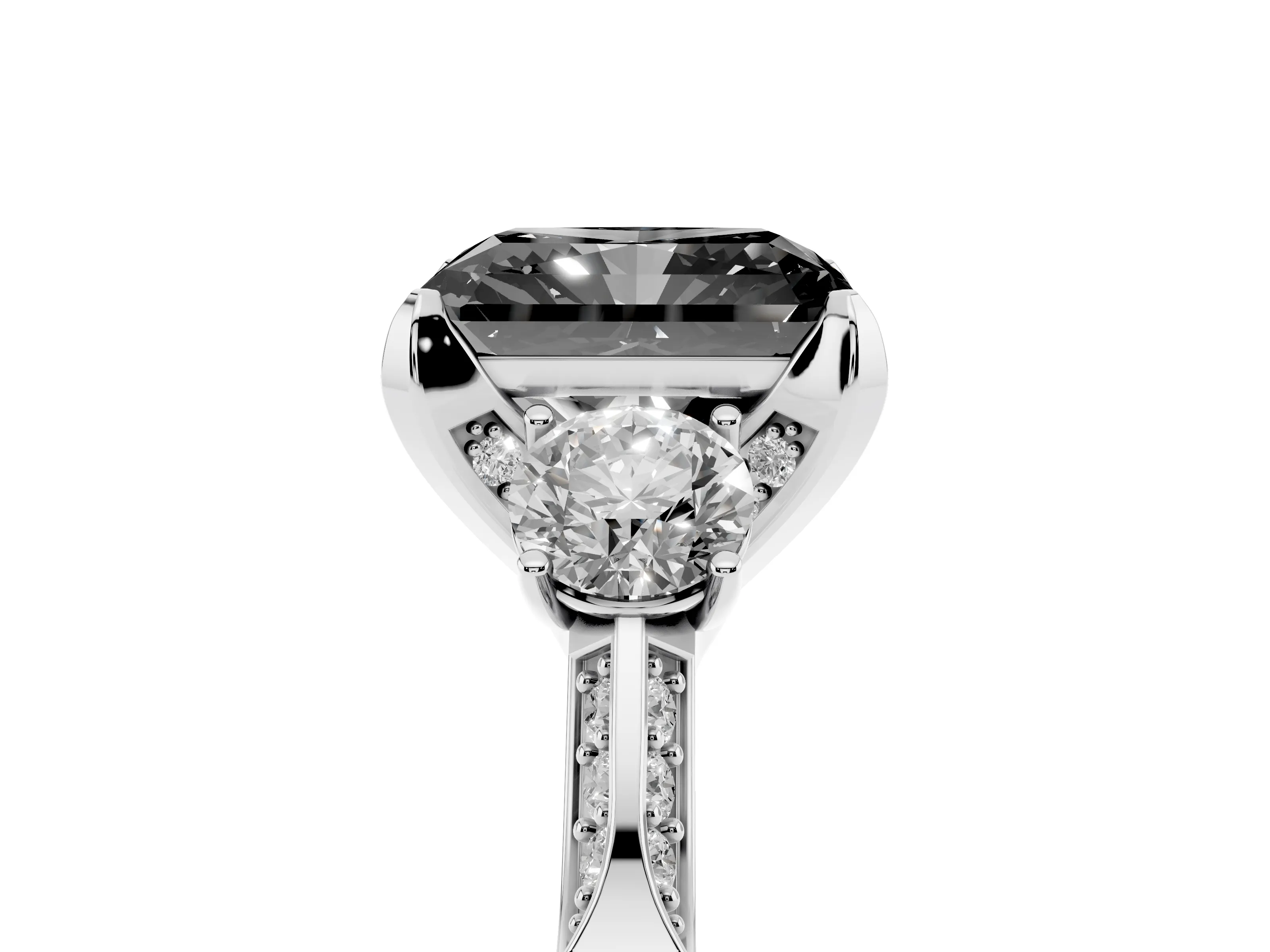 Fancy Black Radiant Cut Diamond Three-Stone Ring Set in Silver with Pavé Band and Smaller Side Stones