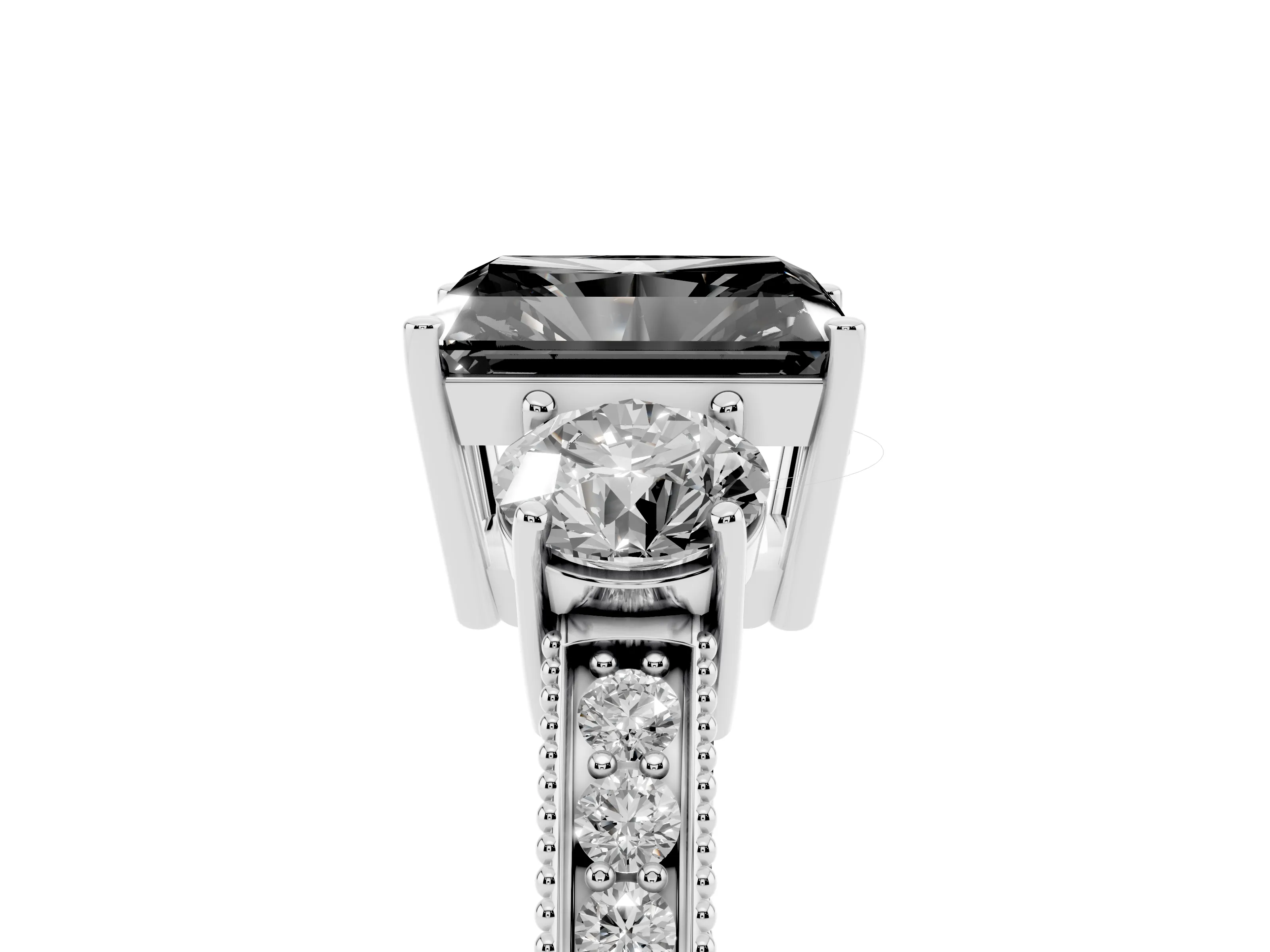 Fancy Black Radiant Cut Diamond Three-Stone Ring Set in Platinum with Round Side Stones and Pavé Band