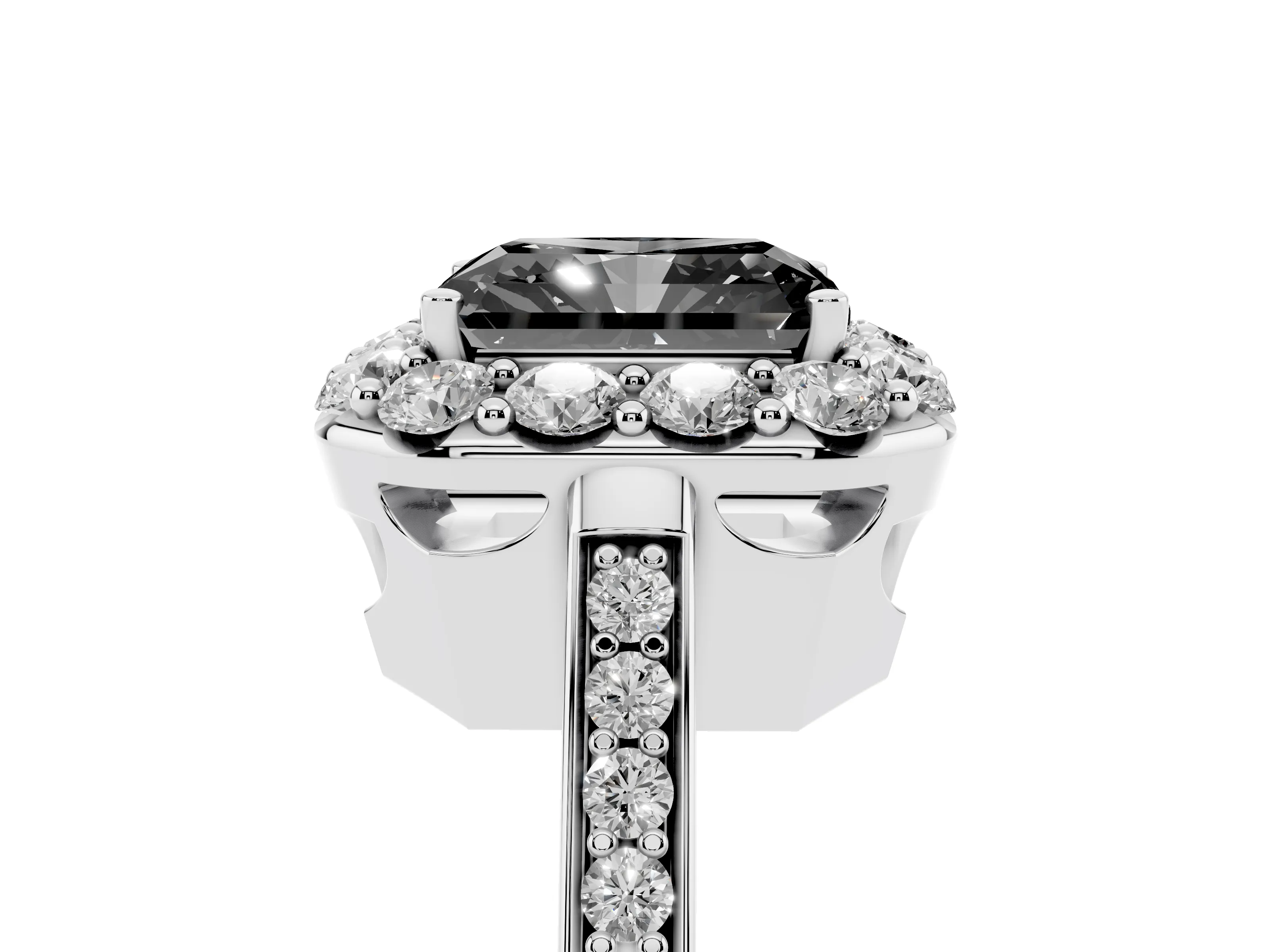 Fancy Black Radiant Cut Diamond Floral Halo Ring Set in Platinum with Pavé Band and Prong Setting