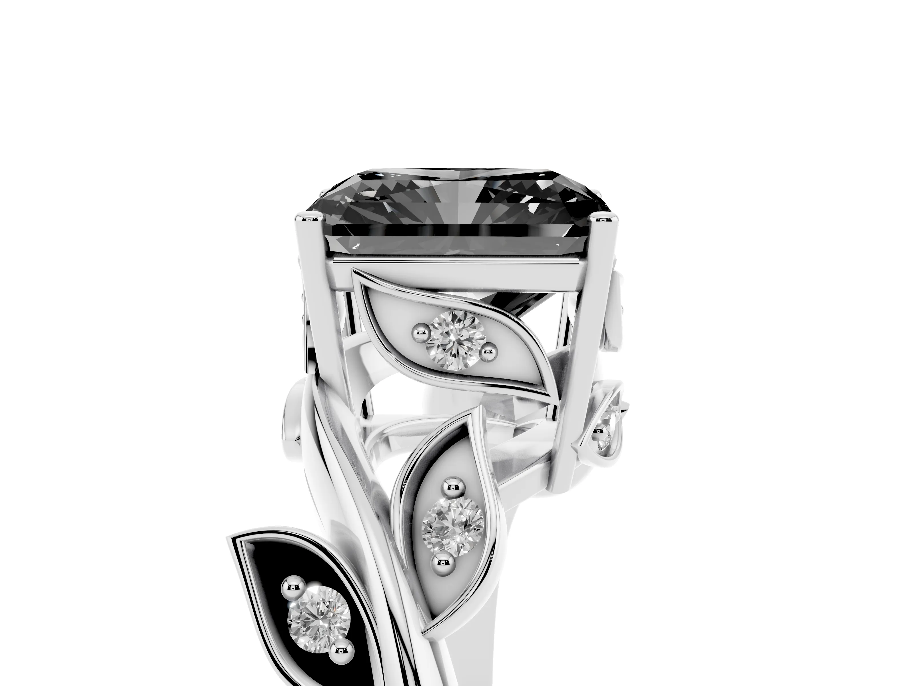 Fancy Black Radiant Cut Diamond Solitaire Twist Engagement Ring Set in White gold with Pavé Leaf Accents