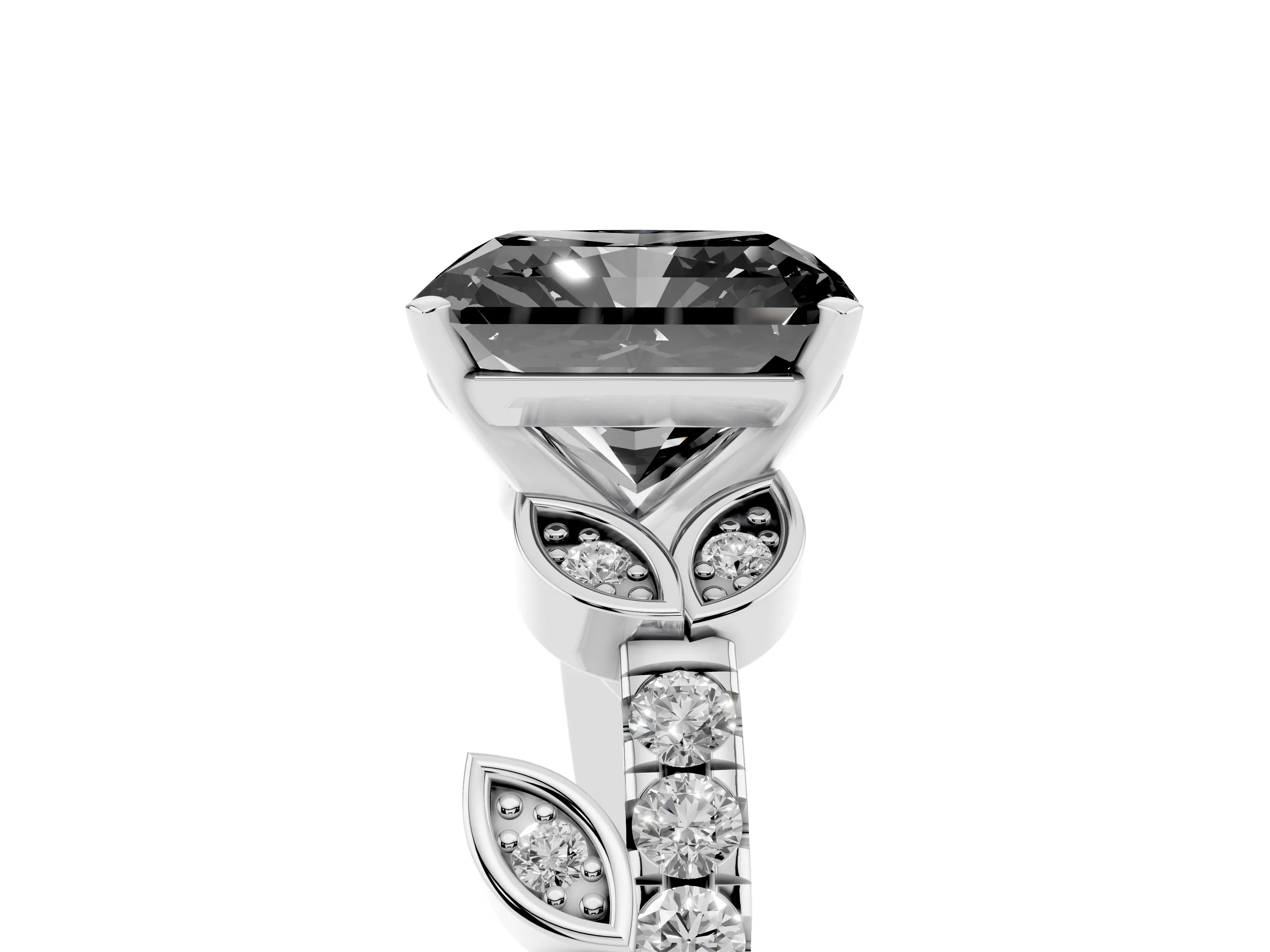 Fancy Black Radiant Cut Diamond Solitaire Leaf-Inspired Ring Set in White gold with Pavé Band and Prong Setting