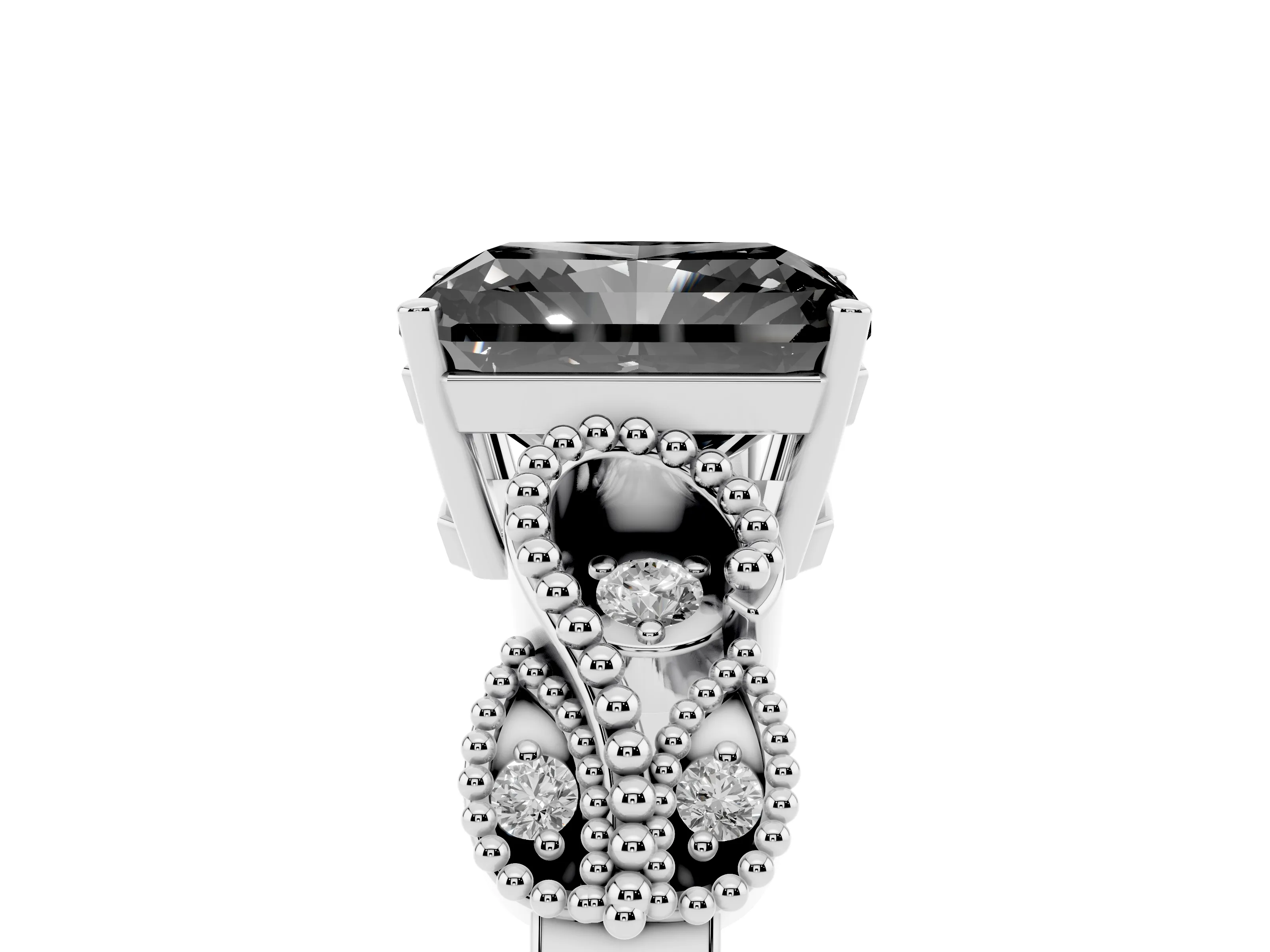 Fancy Black Radiant Cut Diamond Milgrain Leaf Band Solitaire Ring Set in White gold with Accent Stones and Prong Setting