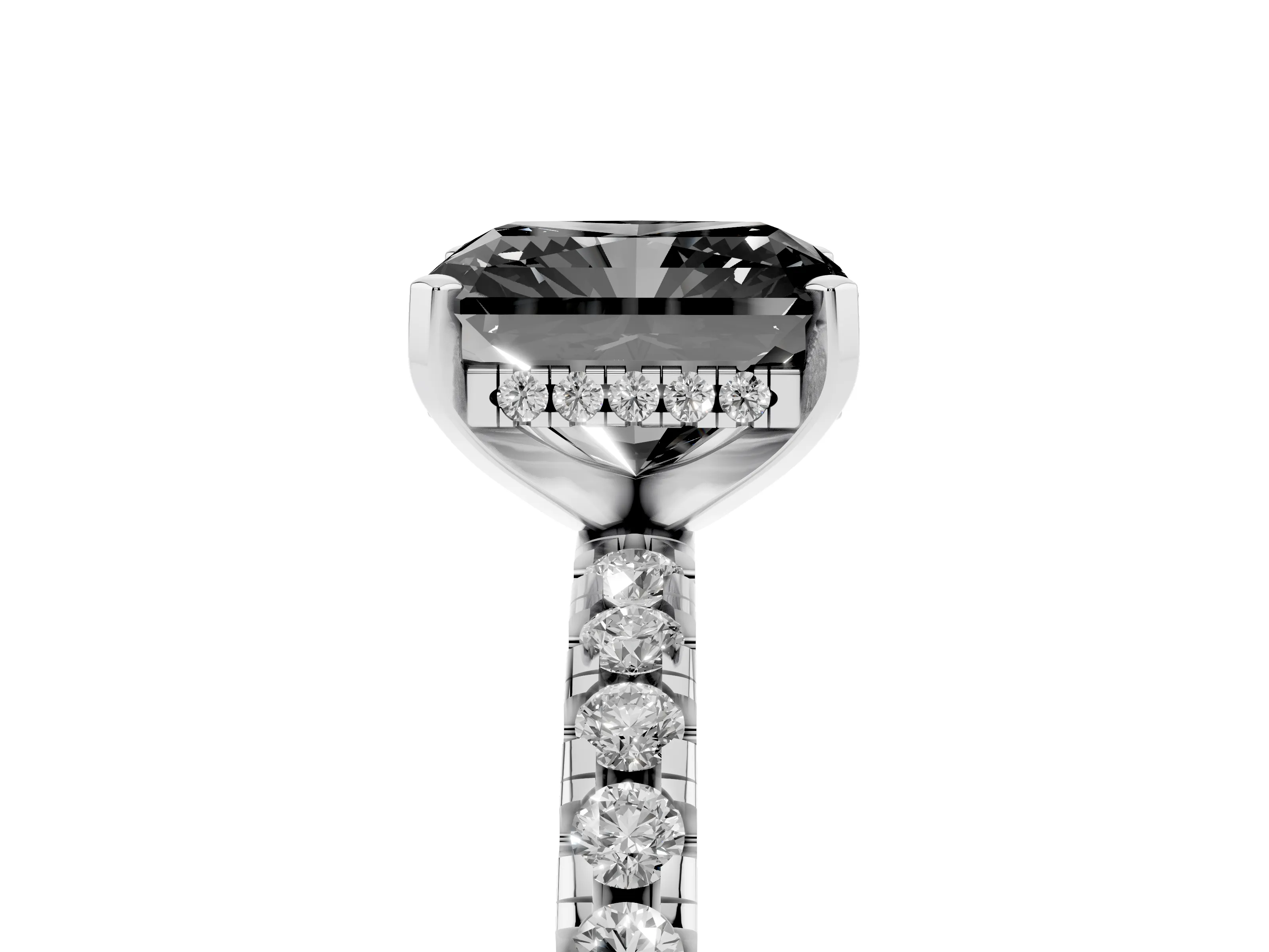 Fancy Black Radiant Cut Diamond Pavé Solitaire Ring Set in Silver with Round Band Accents and Prong Setting