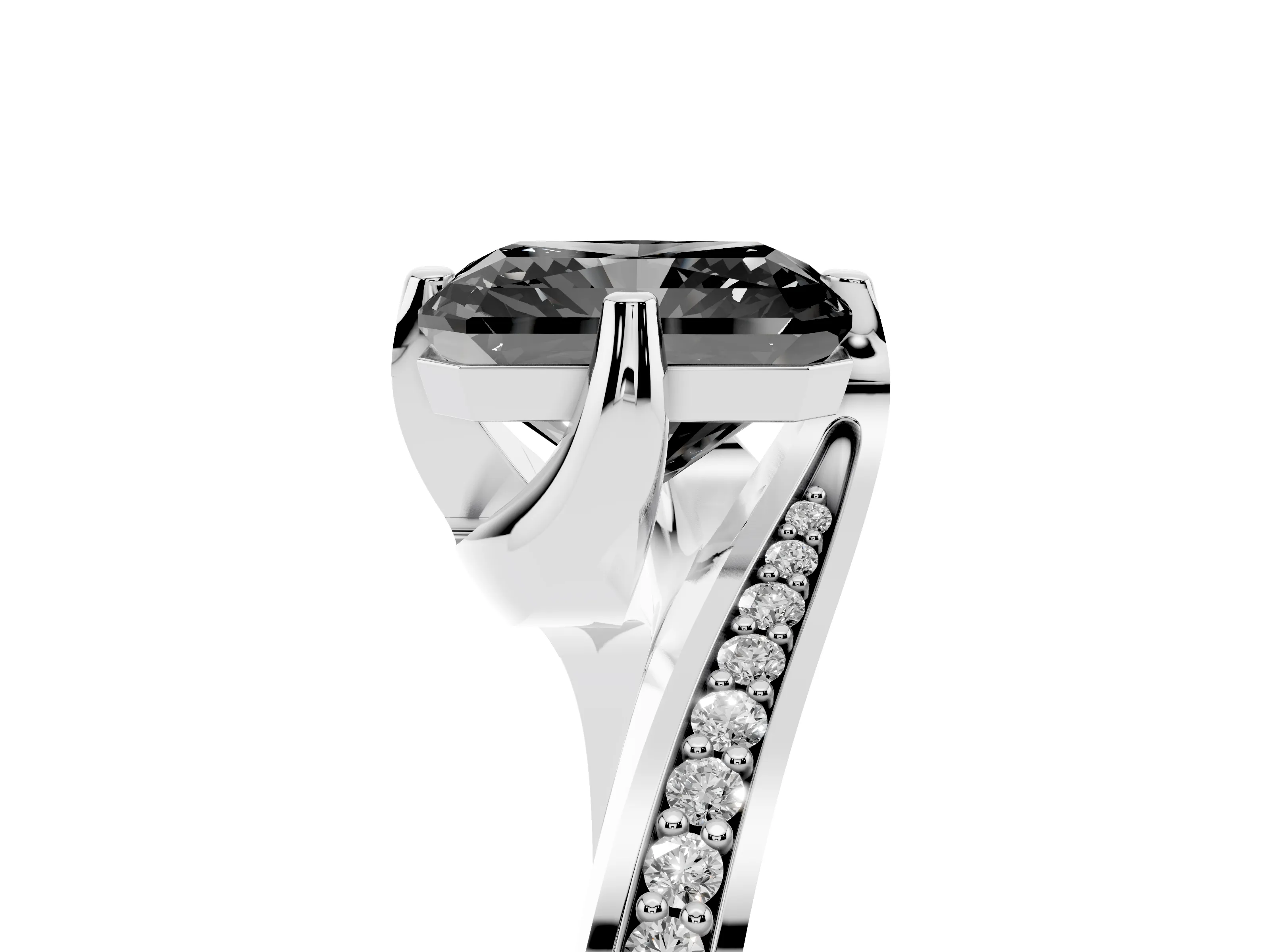 Fancy Black Radiant Cut Diamond Solitaire Ring Set in White gold with Intertwined Pavé Twist Band