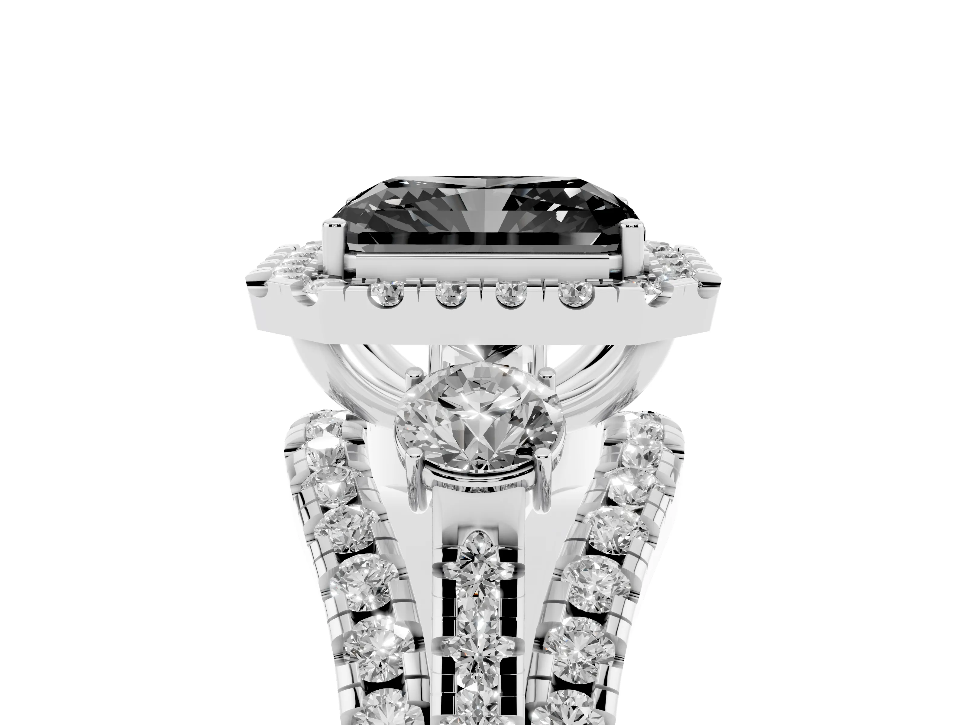 Fancy Black Radiant Cut Diamond Halo Split Shank Ring Set in White gold with Round Accent Stones and Prong Setting
