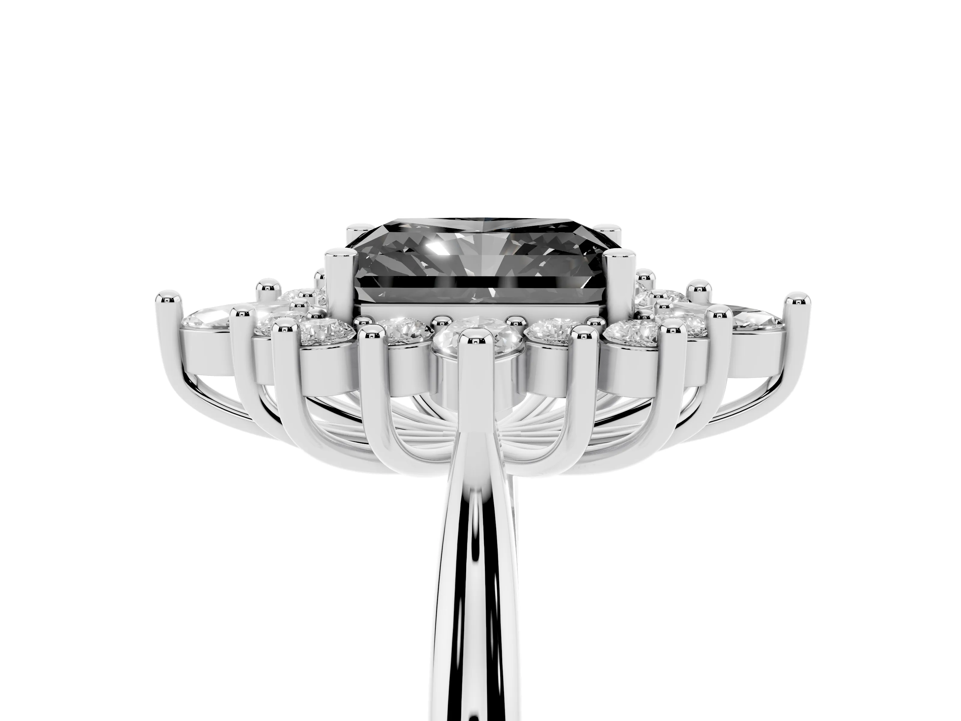 Fancy Black Radiant Cut Diamond Cluster Halo Ring Set in Platinum with Marquise and Round Accents