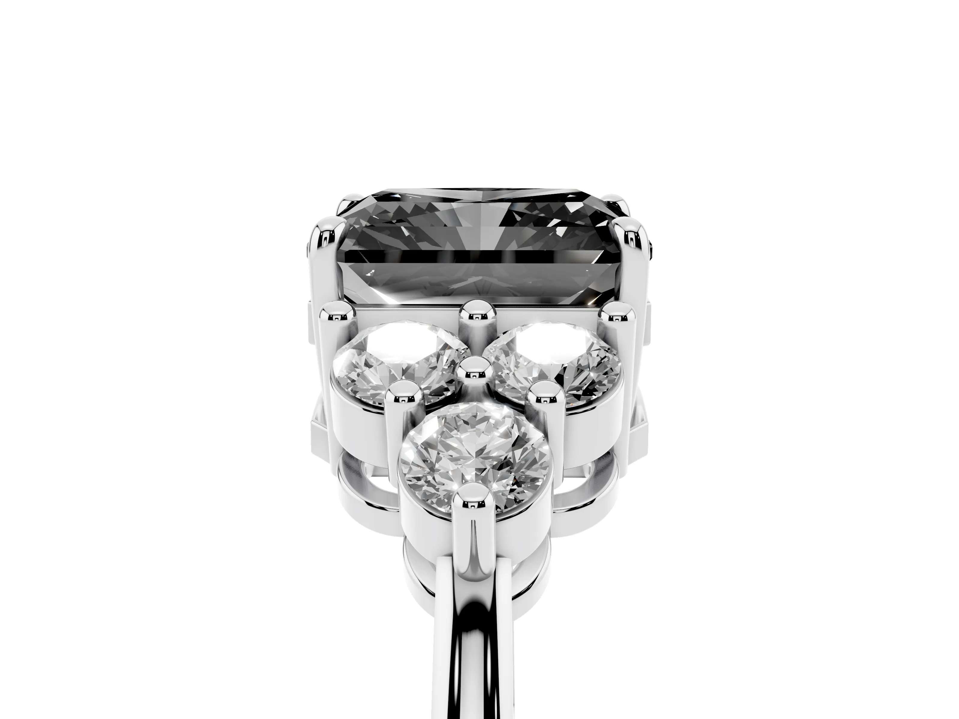 Fancy Black Radiant Cut Diamond Solitaire Ring Set in White gold with Cluster Accents on Each Side