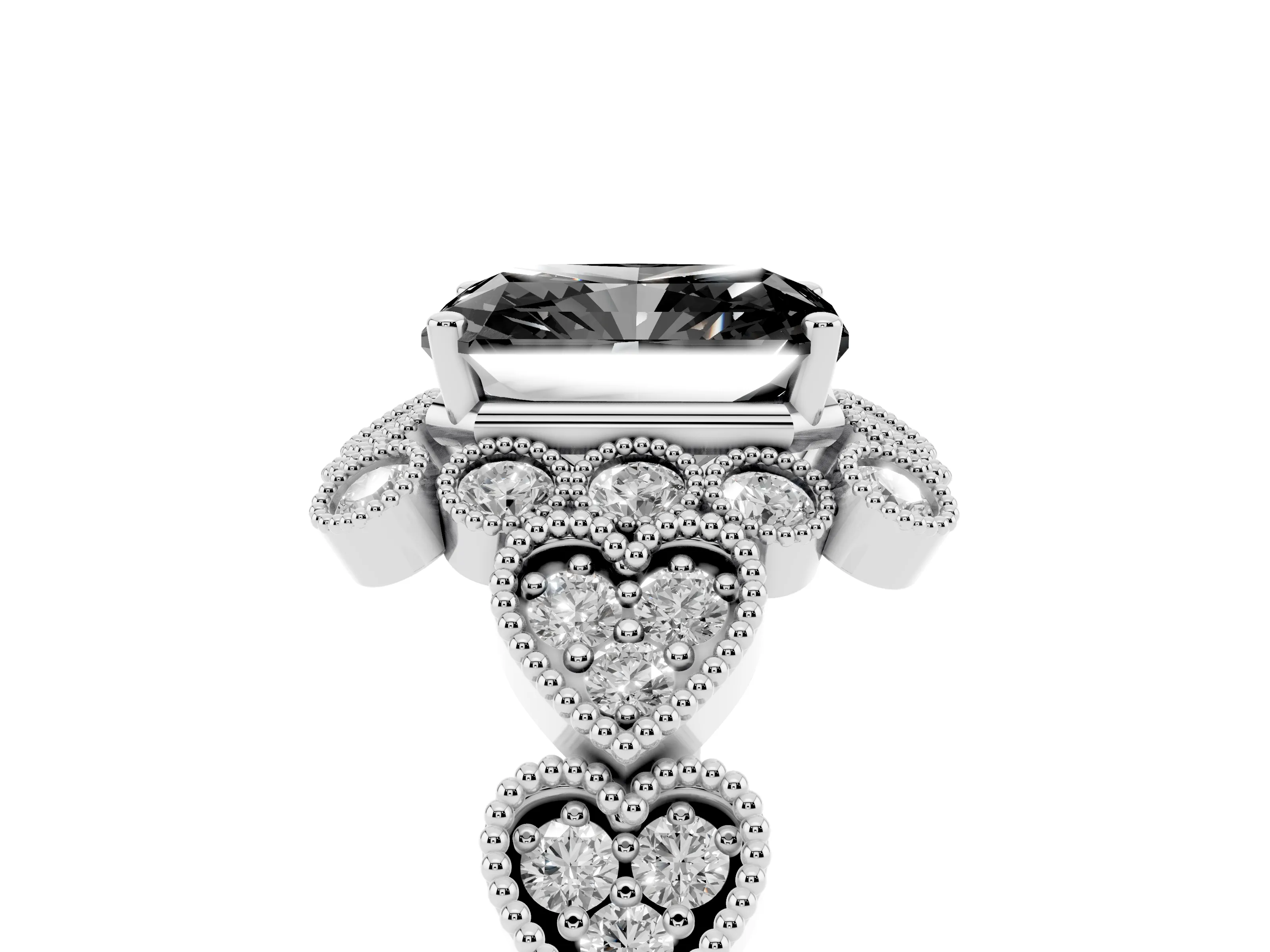 Fancy Black Radiant Cut Diamond Solitaire Ring Set in White gold with Milgrain Pavé Heart Band