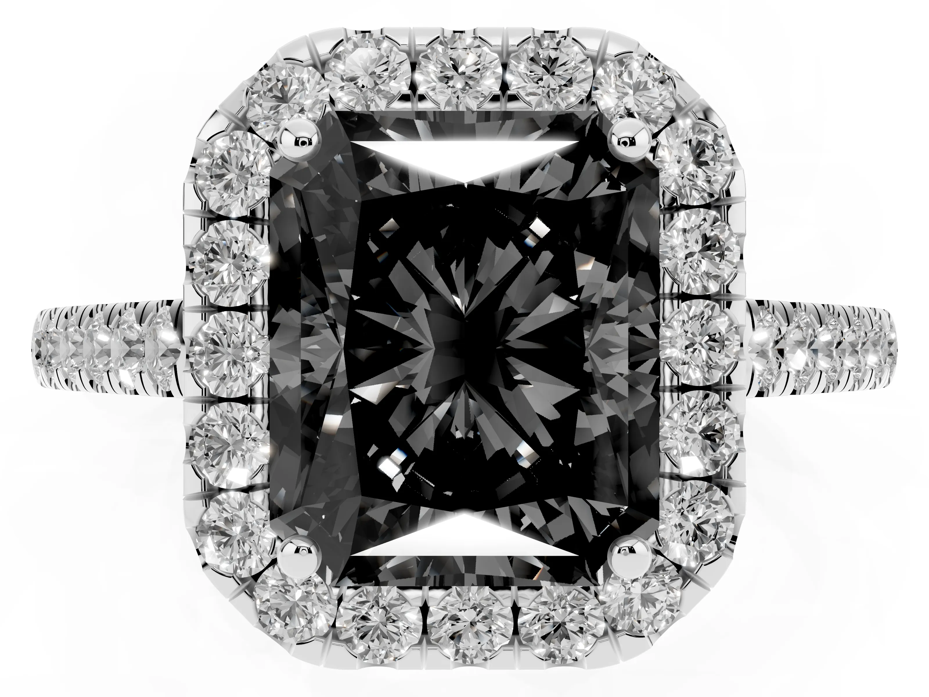 Fancy Black Radiant Cut Diamond Halo Pavé Engagement Ring Set in Silver with Prong Setting