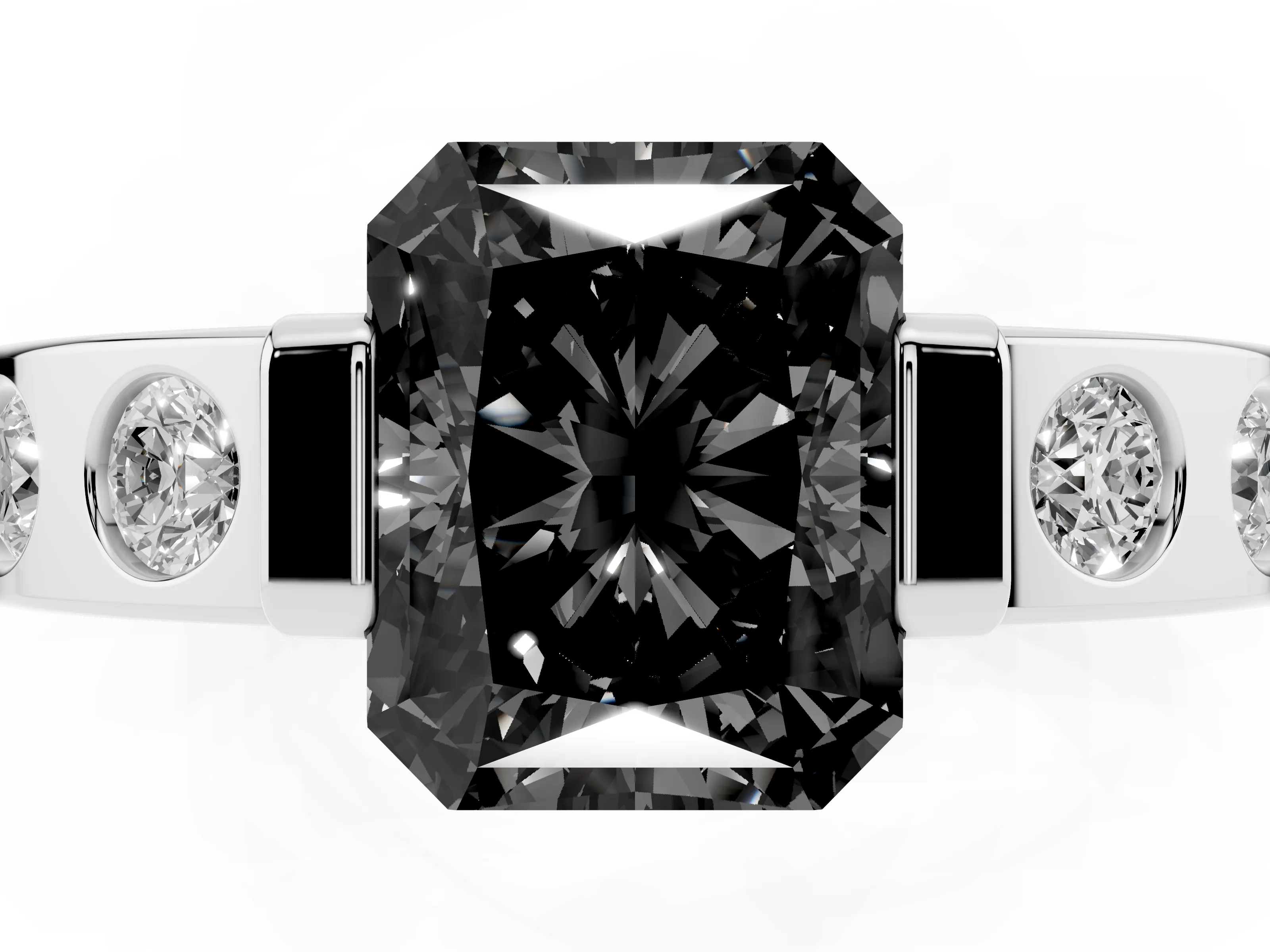 Fancy Black Radiant Cut Diamond Channel-Set Band Ring Set in Platinum with Bezel Prong Setting
