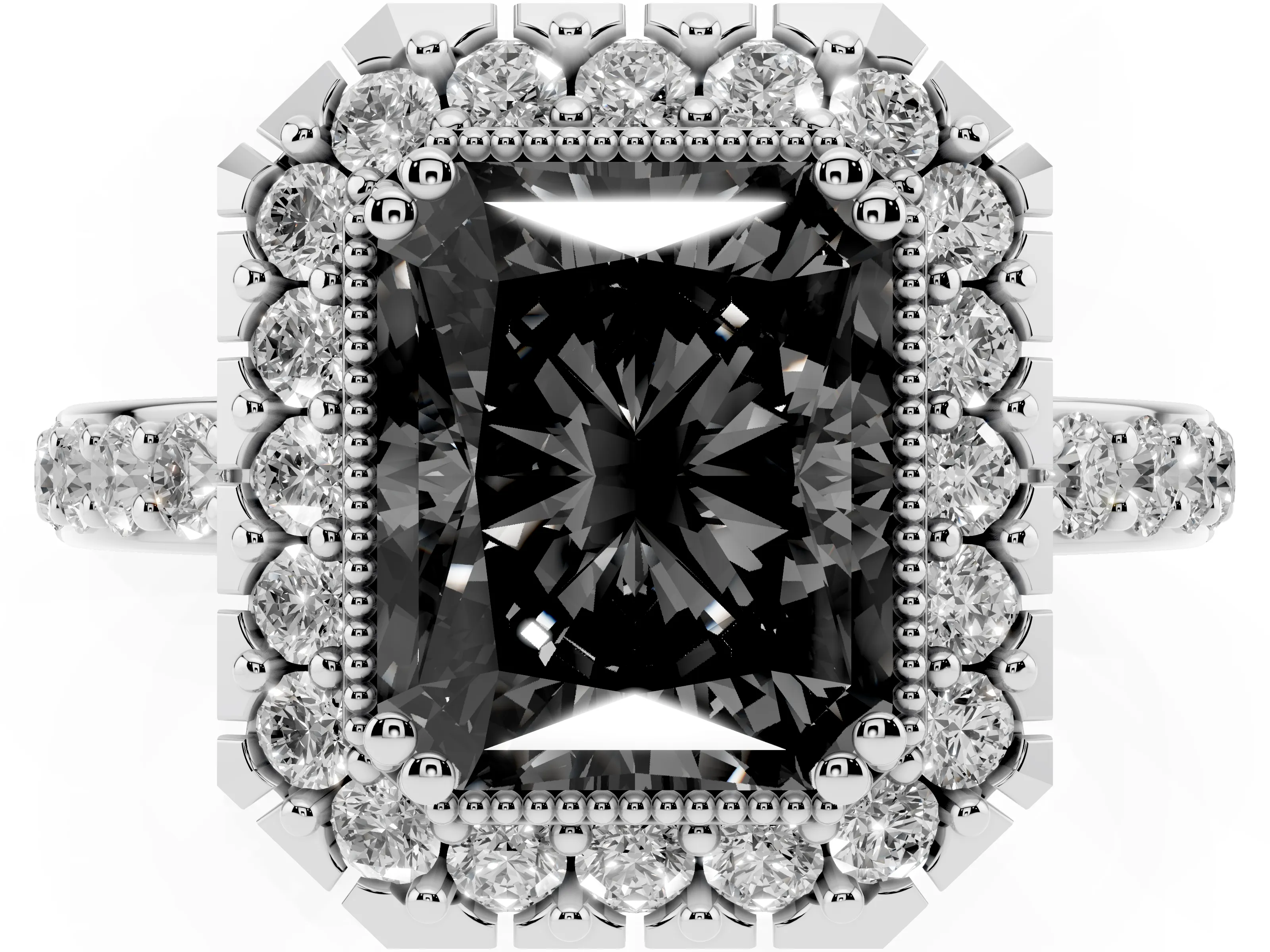 Fancy Black Radiant Cut Diamond Halo Ring Set in Silver with Pavé Shank and Prong Setting