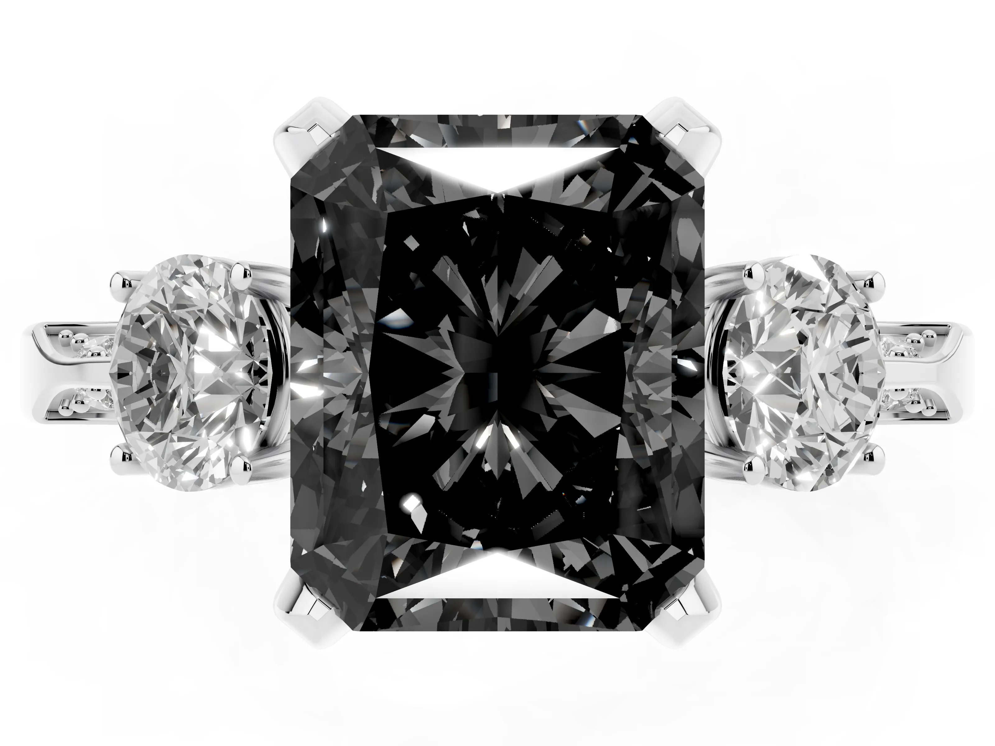 Fancy Black Radiant Cut Diamond Three-Stone Ring Set in Silver with Pavé Band and Smaller Side Stones