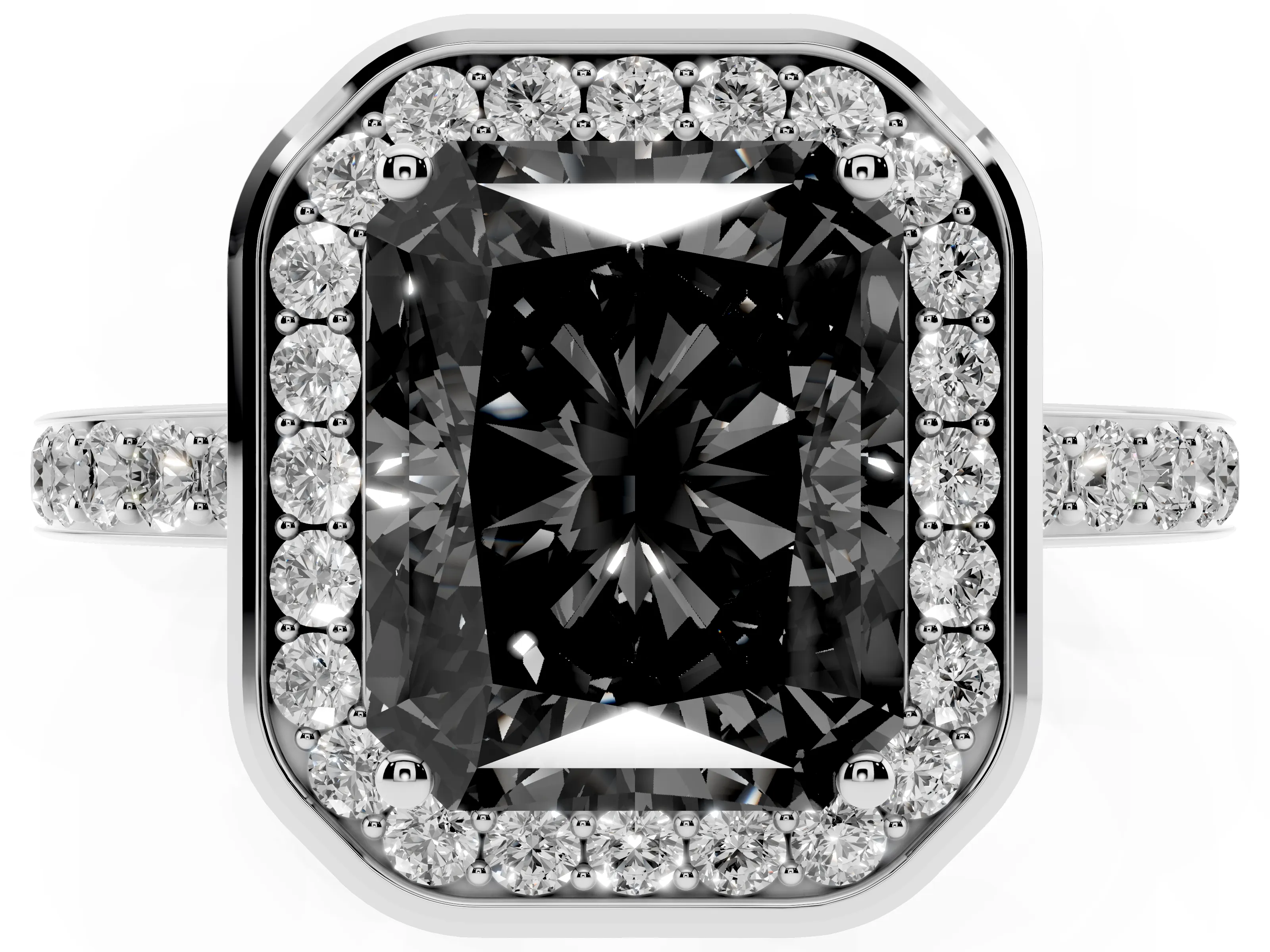Fancy Black Radiant Cut Diamond Halo Ring Set in Platinum with Bezel Frame and Pavé Band