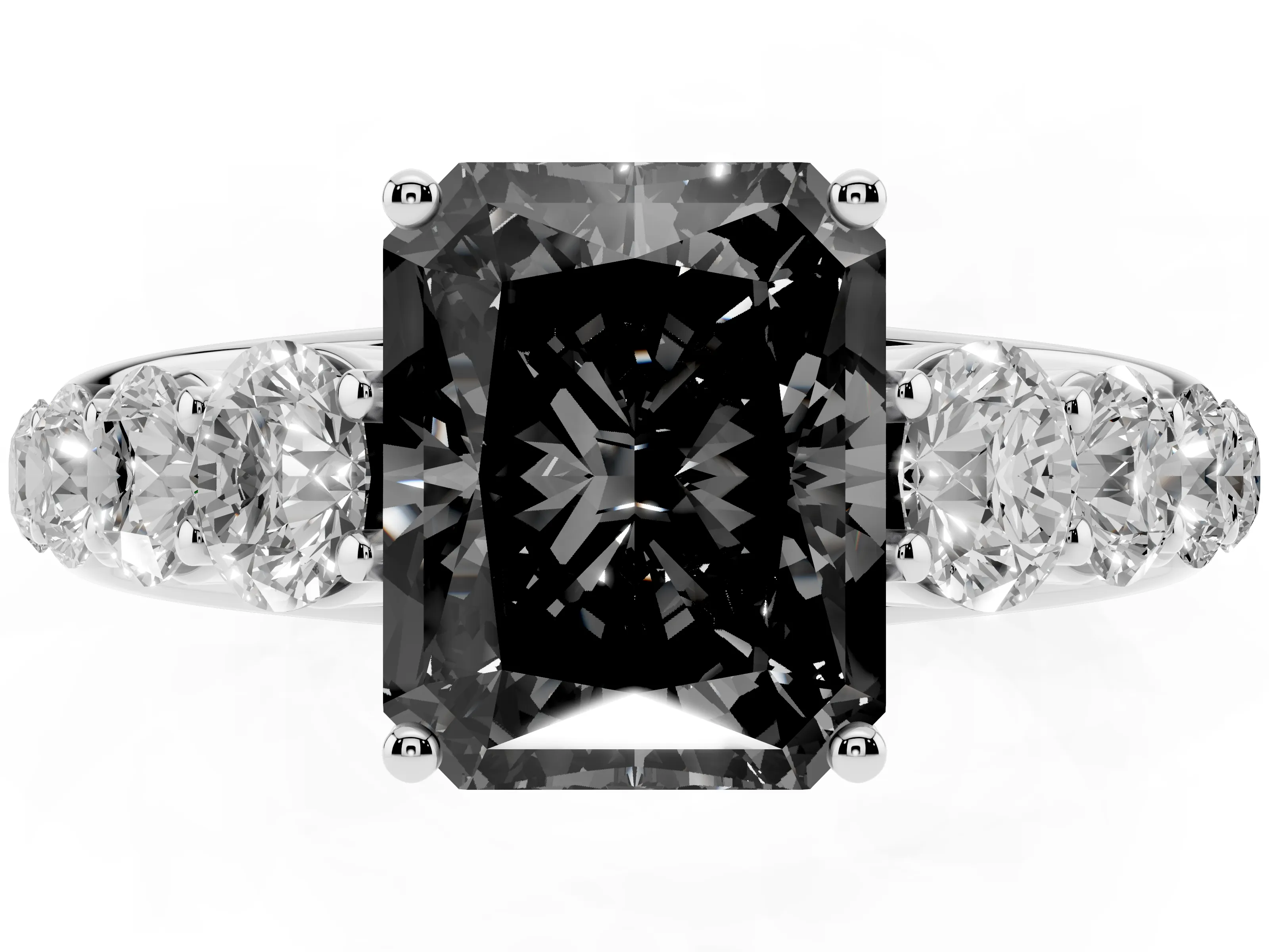Fancy Black Radiant Cut Diamond Solitaire Ring Set in Silver with Pavé-Set Band and Prong Setting