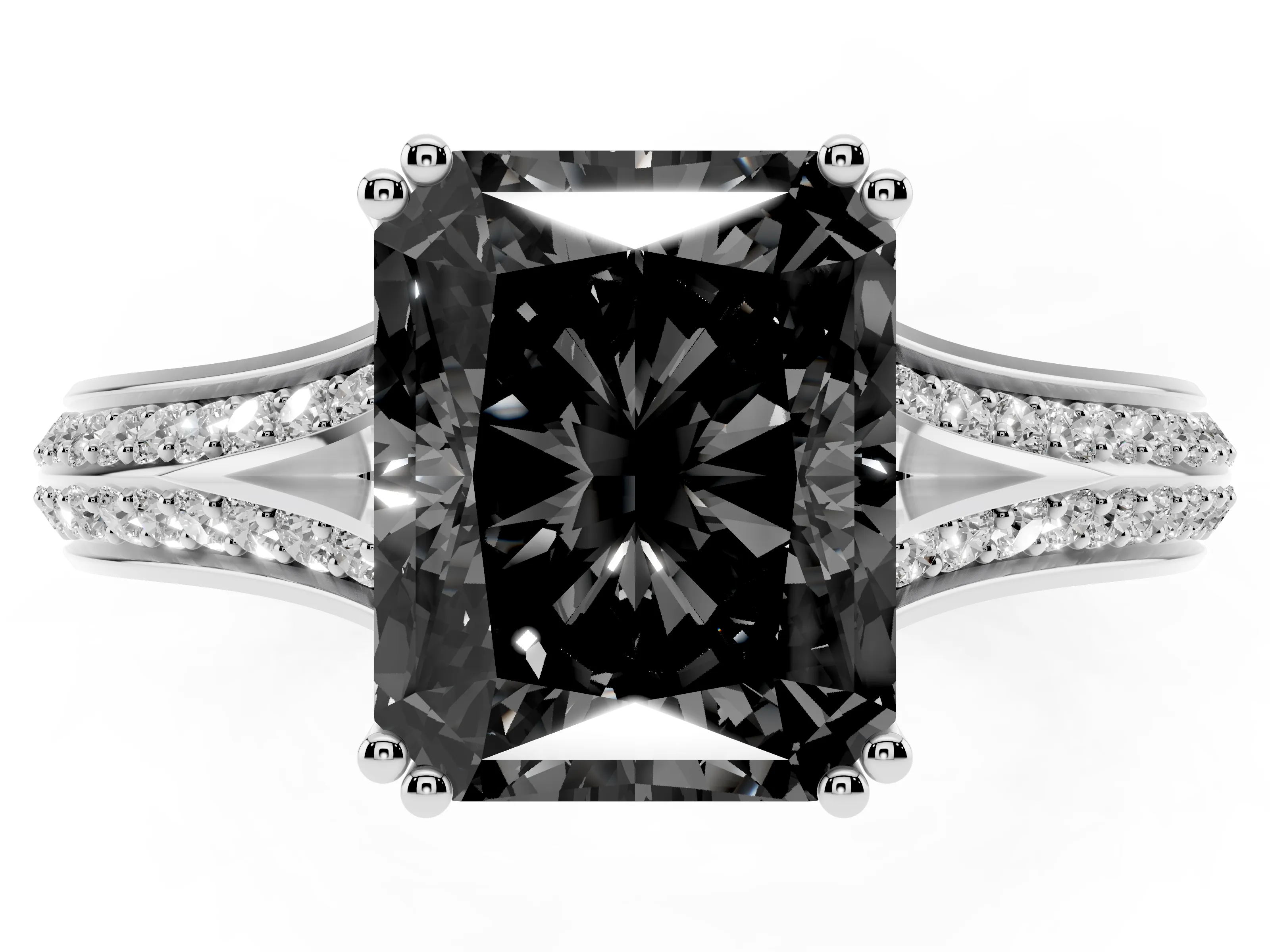 Fancy Black Radiant Cut Diamond Split Shank Pavé Engagement Ring Set in Silver with Prong-Set Center Stone