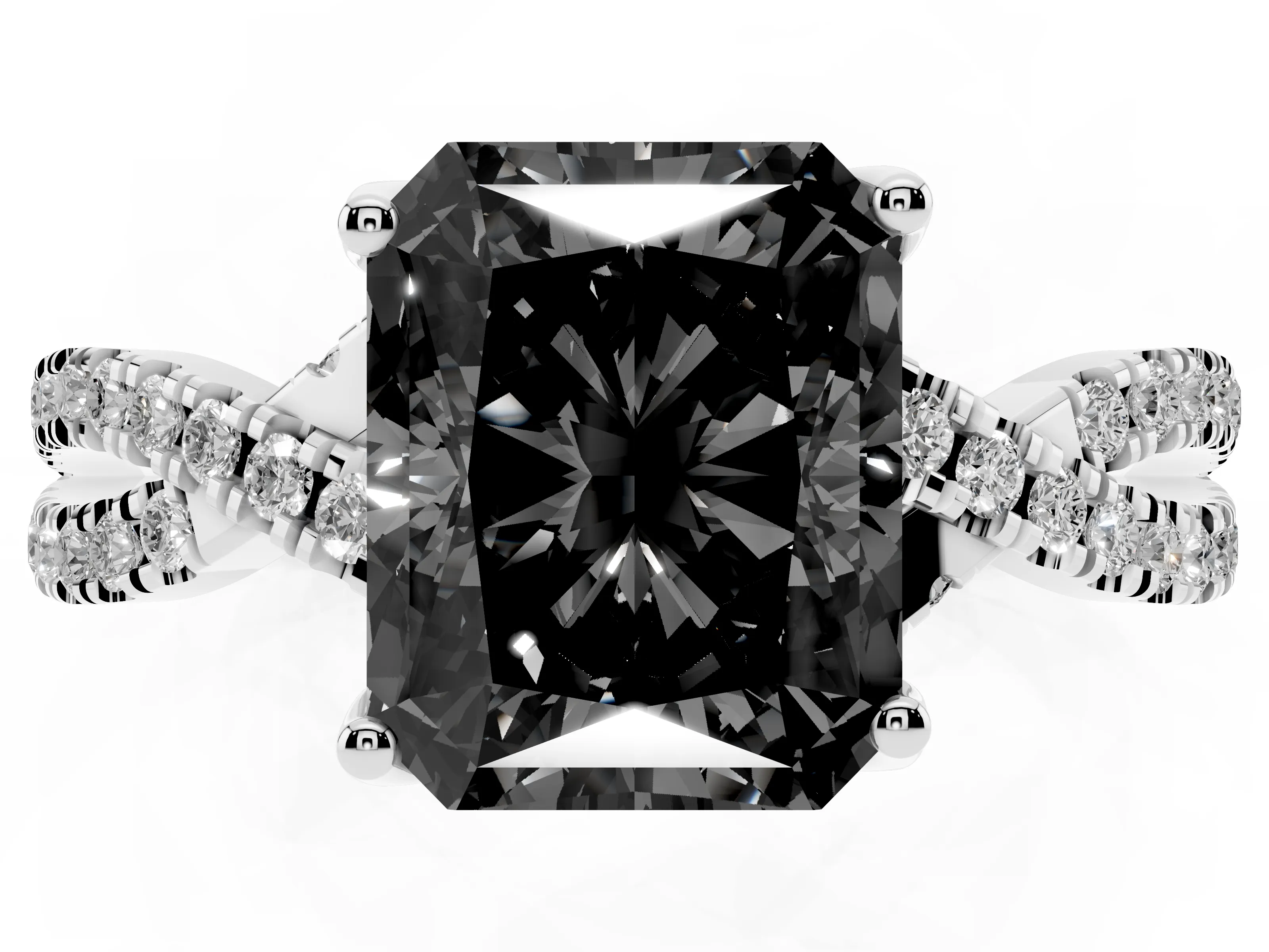 Fancy Black Radiant Cut Diamond Twist Pavé Solitaire Engagement Ring Set in Platinum with Prong Setting