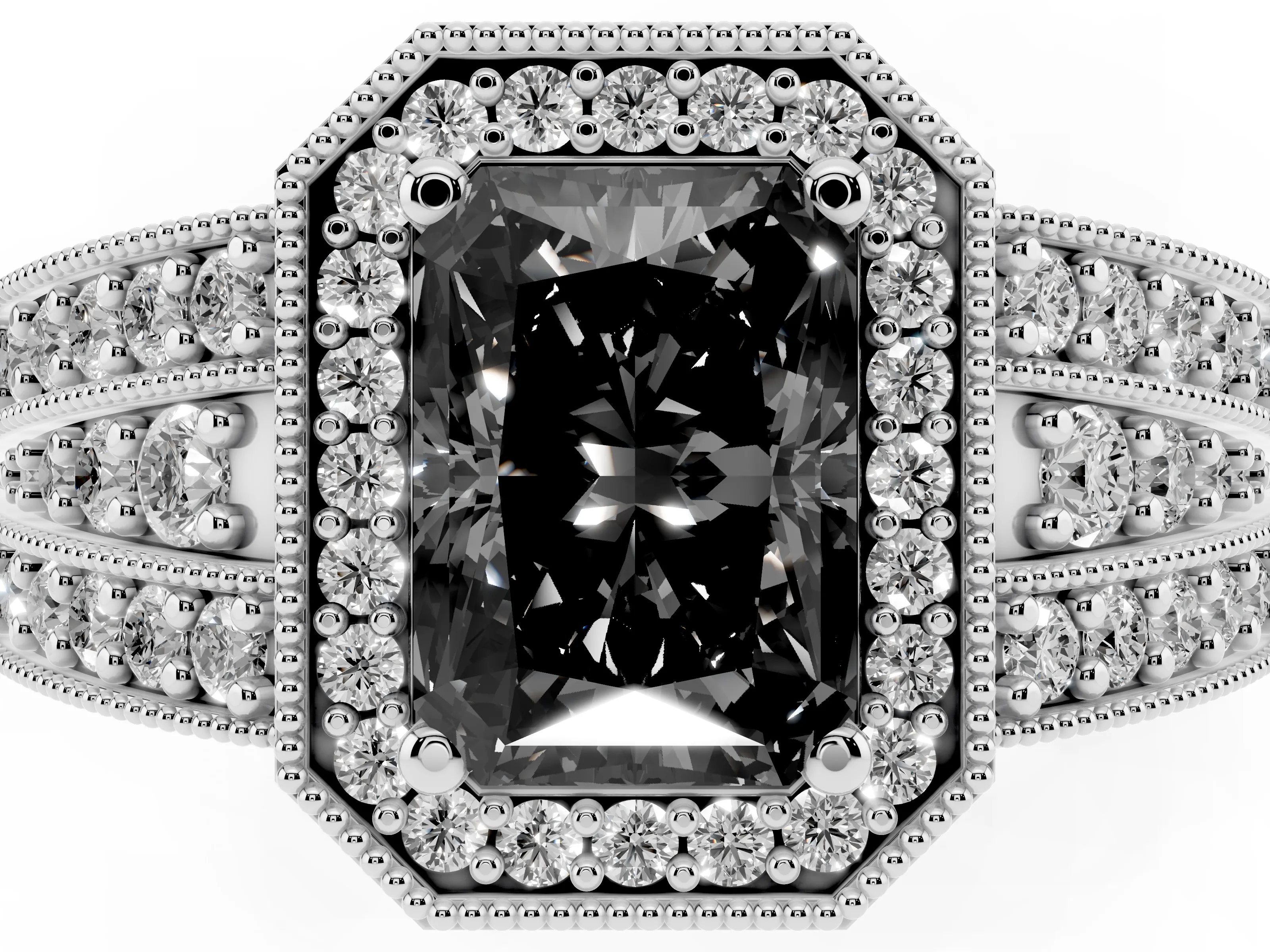 Fancy Black Radiant Cut Diamond Halo Ring Set in White gold with Accent Split Shank and Prong Setting