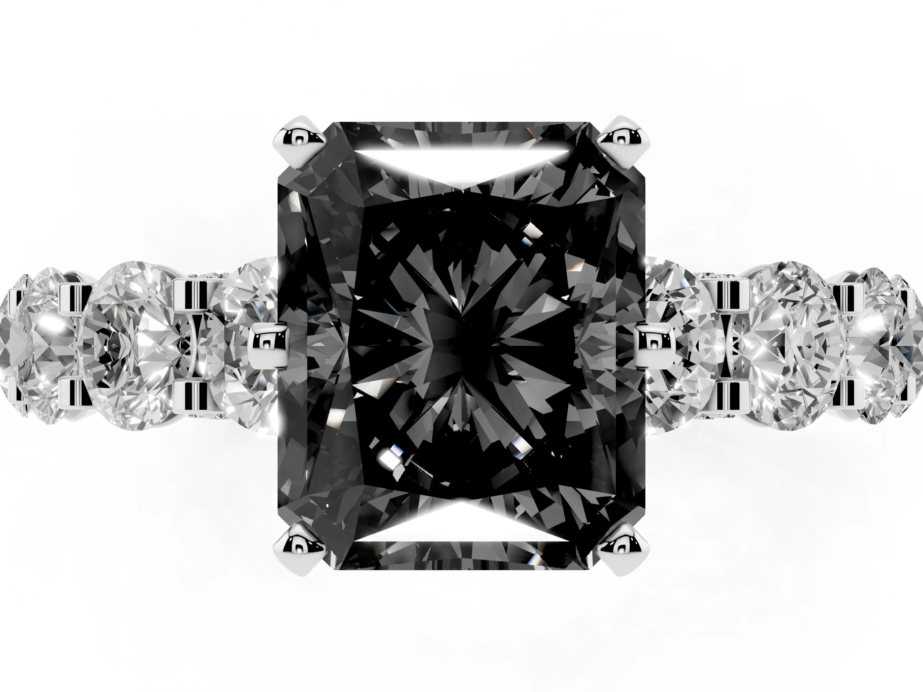Fancy Black Radiant Cut Diamond Side Stone Ring Set in Silver with Alternating Round and Oval Side Stones