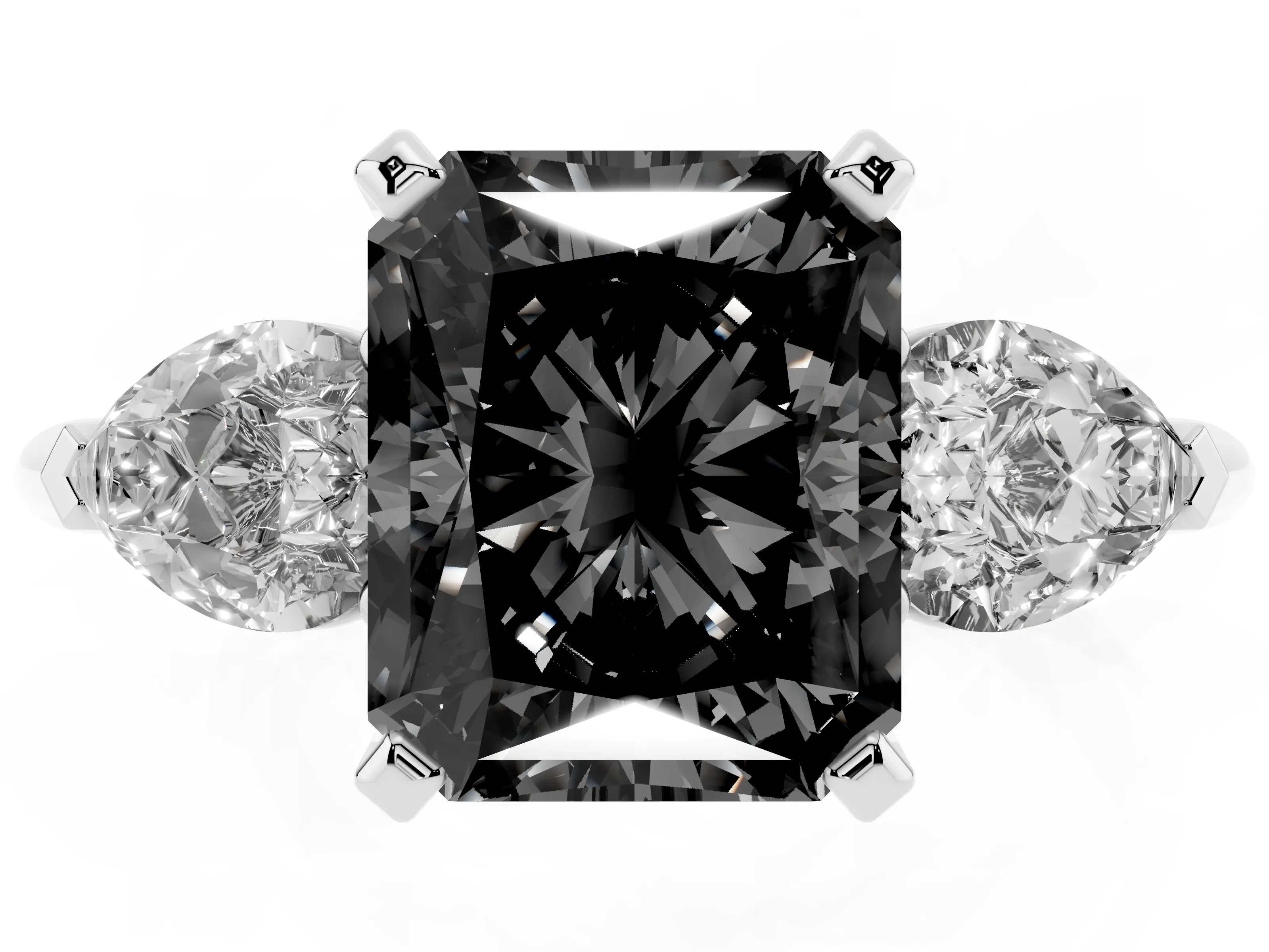 Fancy Black Three-Stone Radiant Cut Diamond Ring Set in White gold with Pear Side Stones and Prong Setting