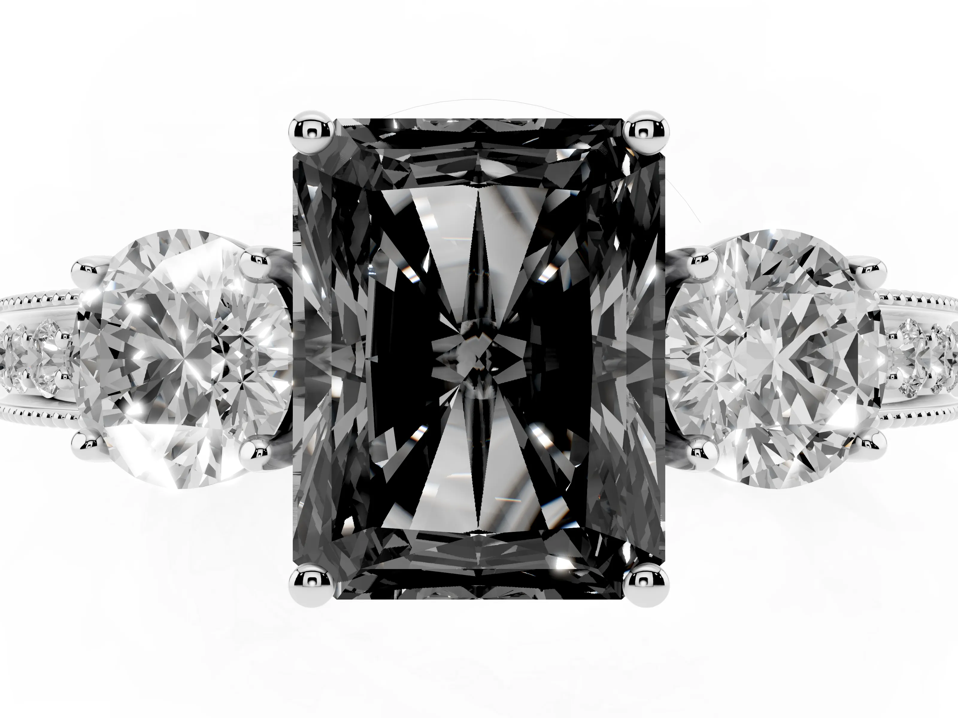 Fancy Black Radiant Cut Diamond Three-Stone Ring Set in Platinum with Round Side Stones and Pavé Band