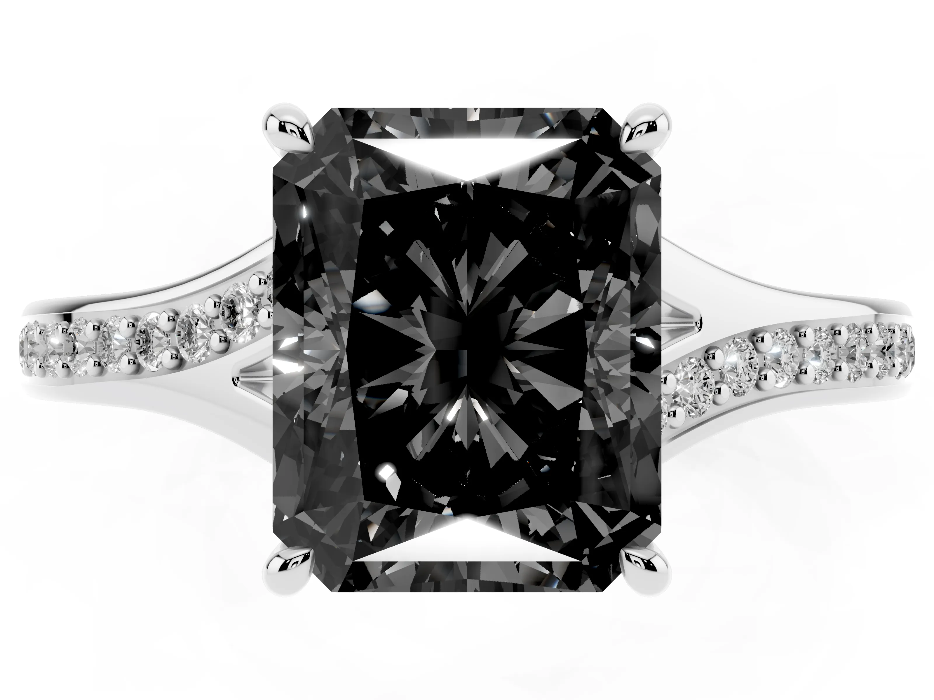 Fancy Black Radiant Cut Diamond Solitaire Ring Set in White gold with Pavé Accent Band and Classic Prong Setting