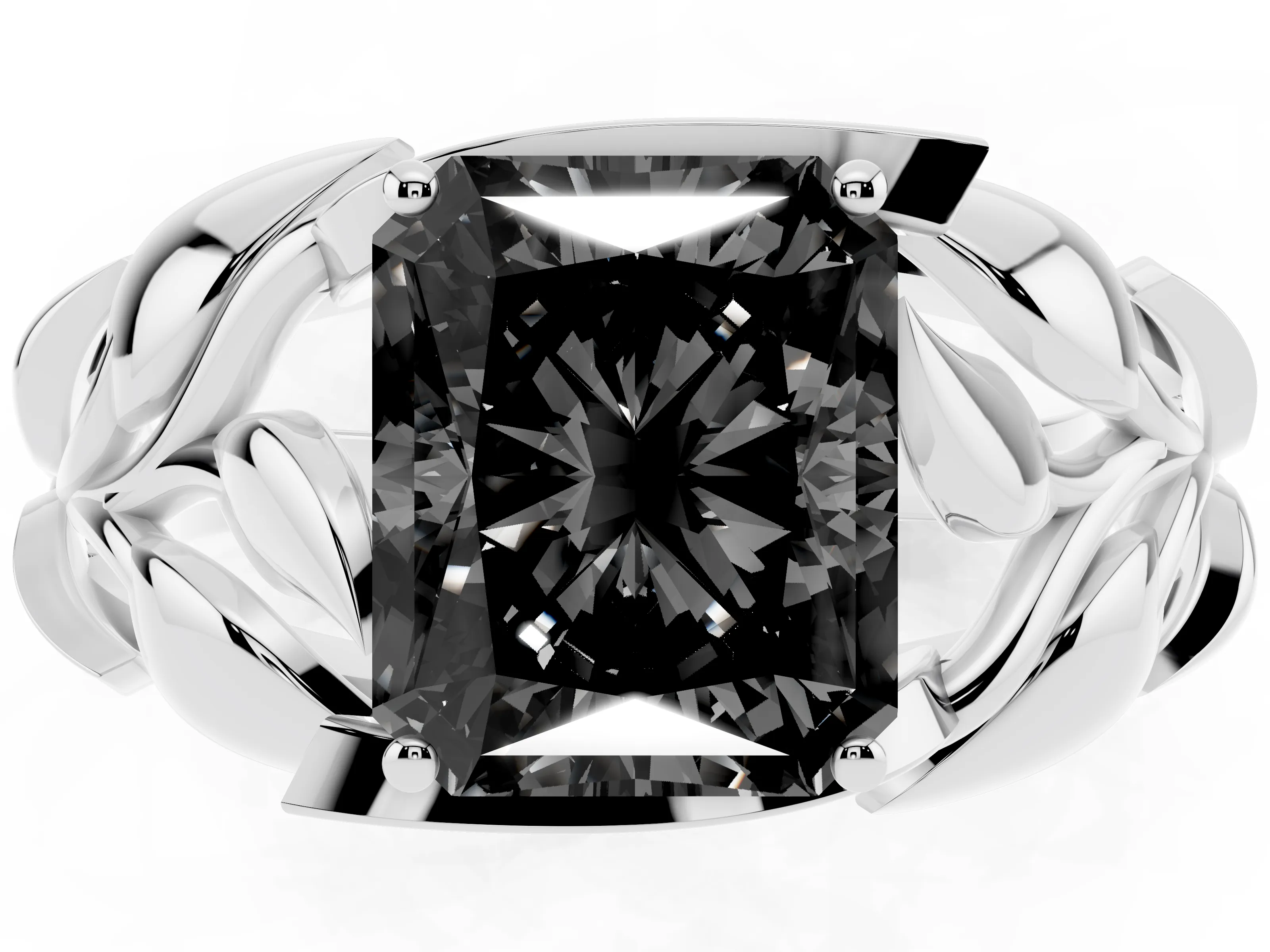 Fancy Black Radiant Cut Diamond Leaf-Inspired Engagement Ring Set in Platinum with Round Accents