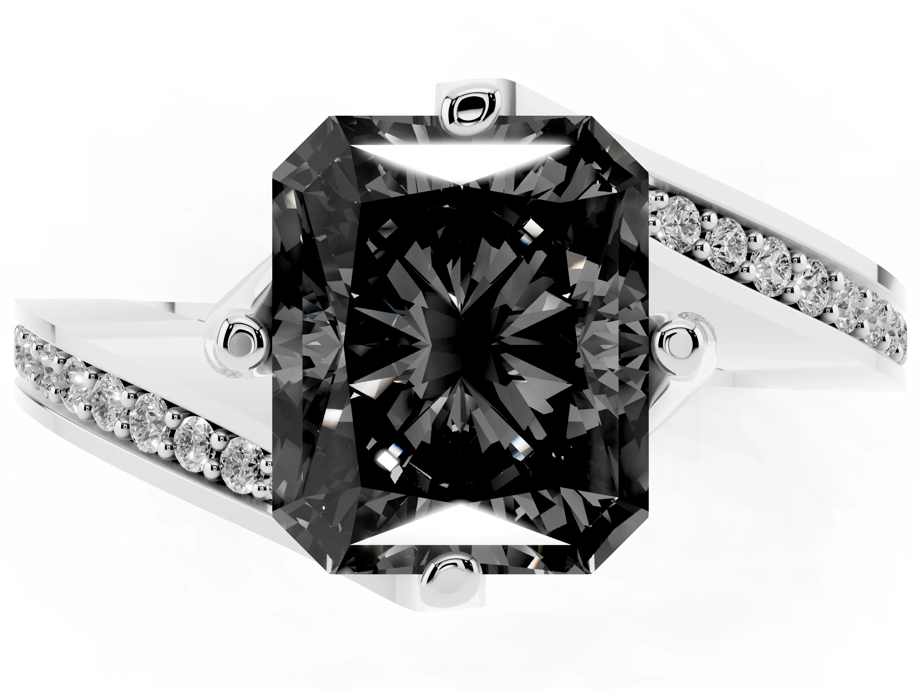 Fancy Black Radiant Cut Diamond Solitaire Ring Set in White gold with Intertwined Pavé Twist Band