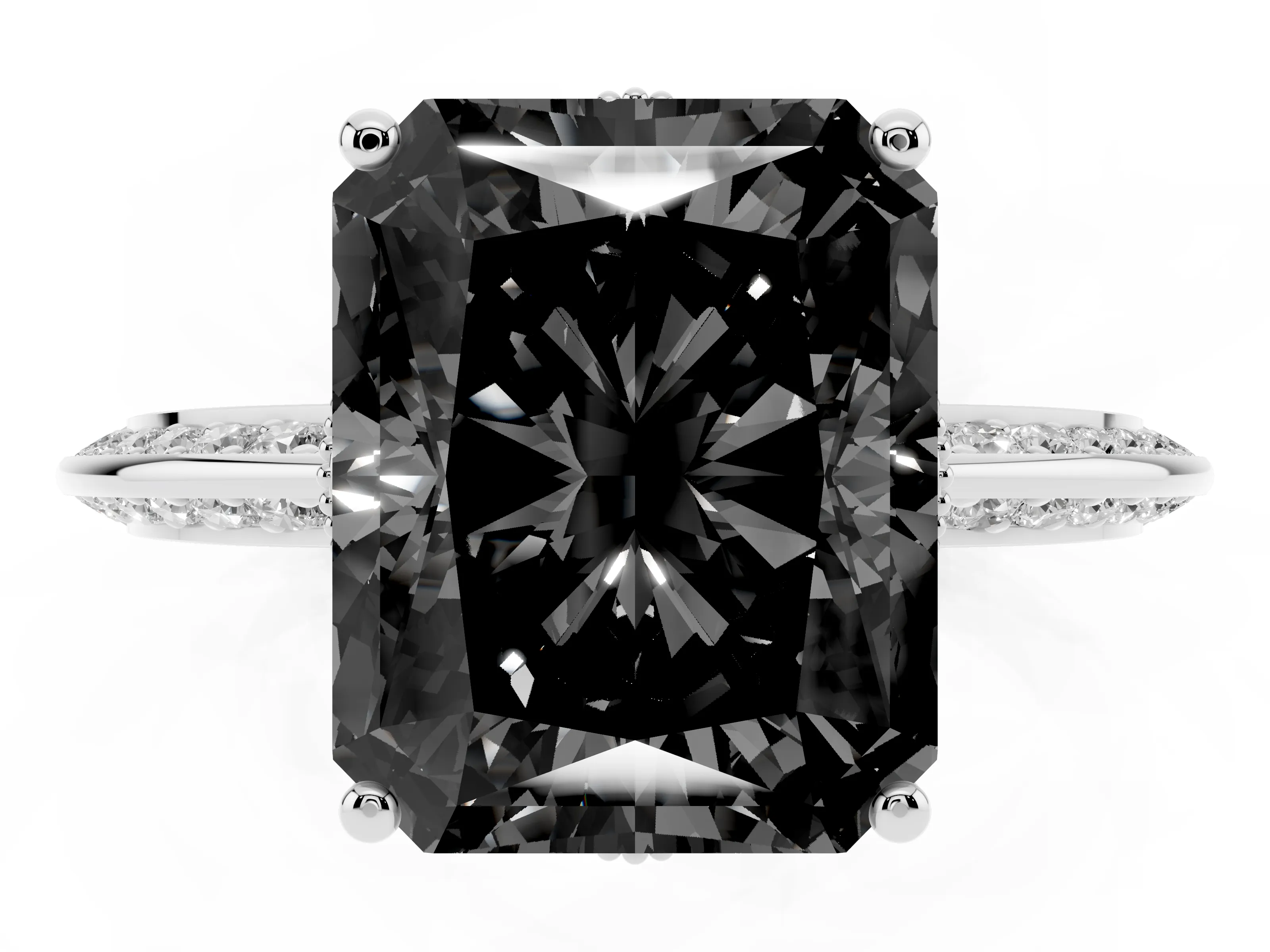 Fancy Black Radiant Cut Diamond Solitaire Engagement Ring Set in Silver with Pavé Split Shank and Prong Setting