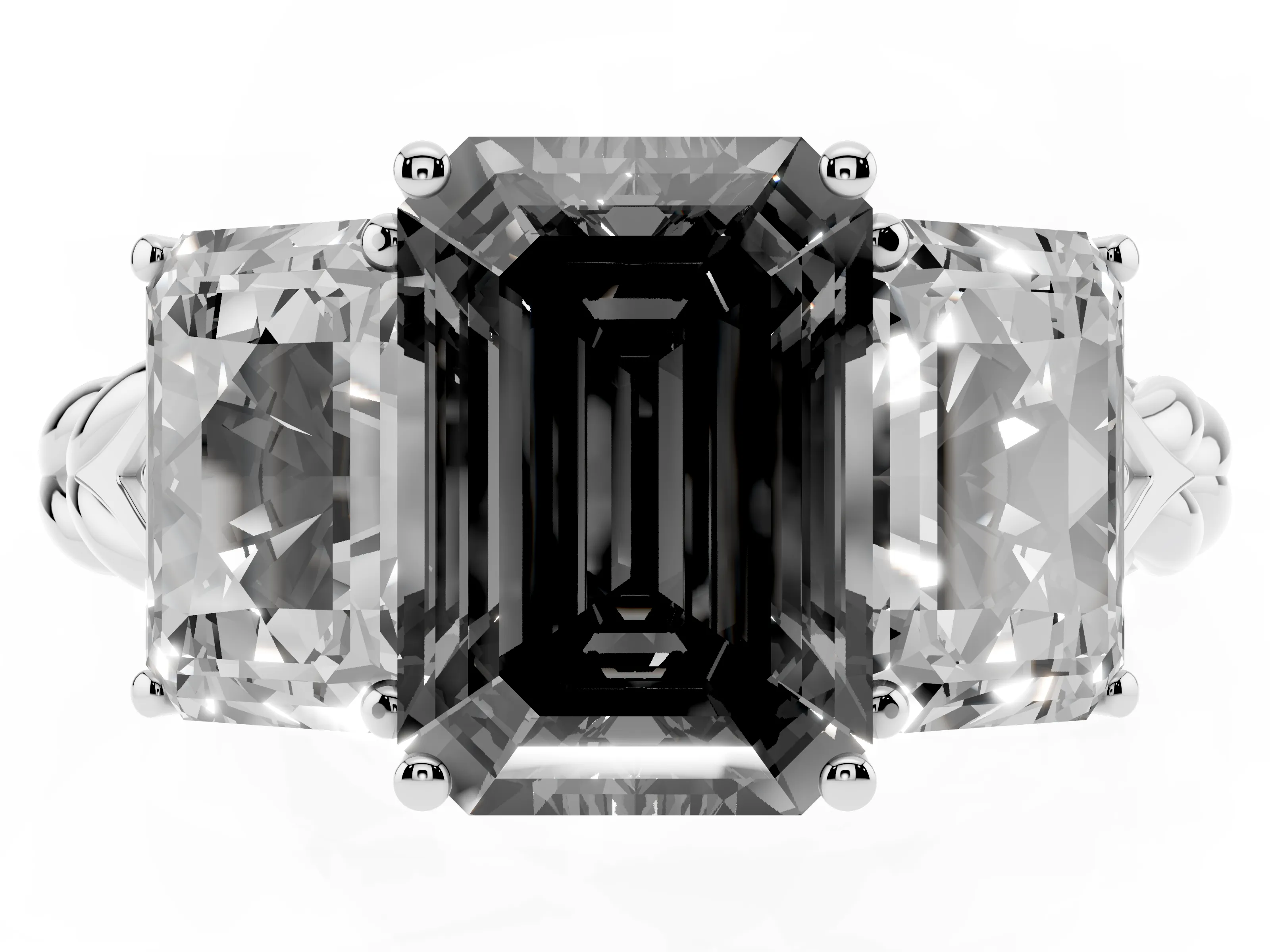 Fancy Black Radiant Cut Diamond Three-Stone Ring Set in White gold with Braided Band