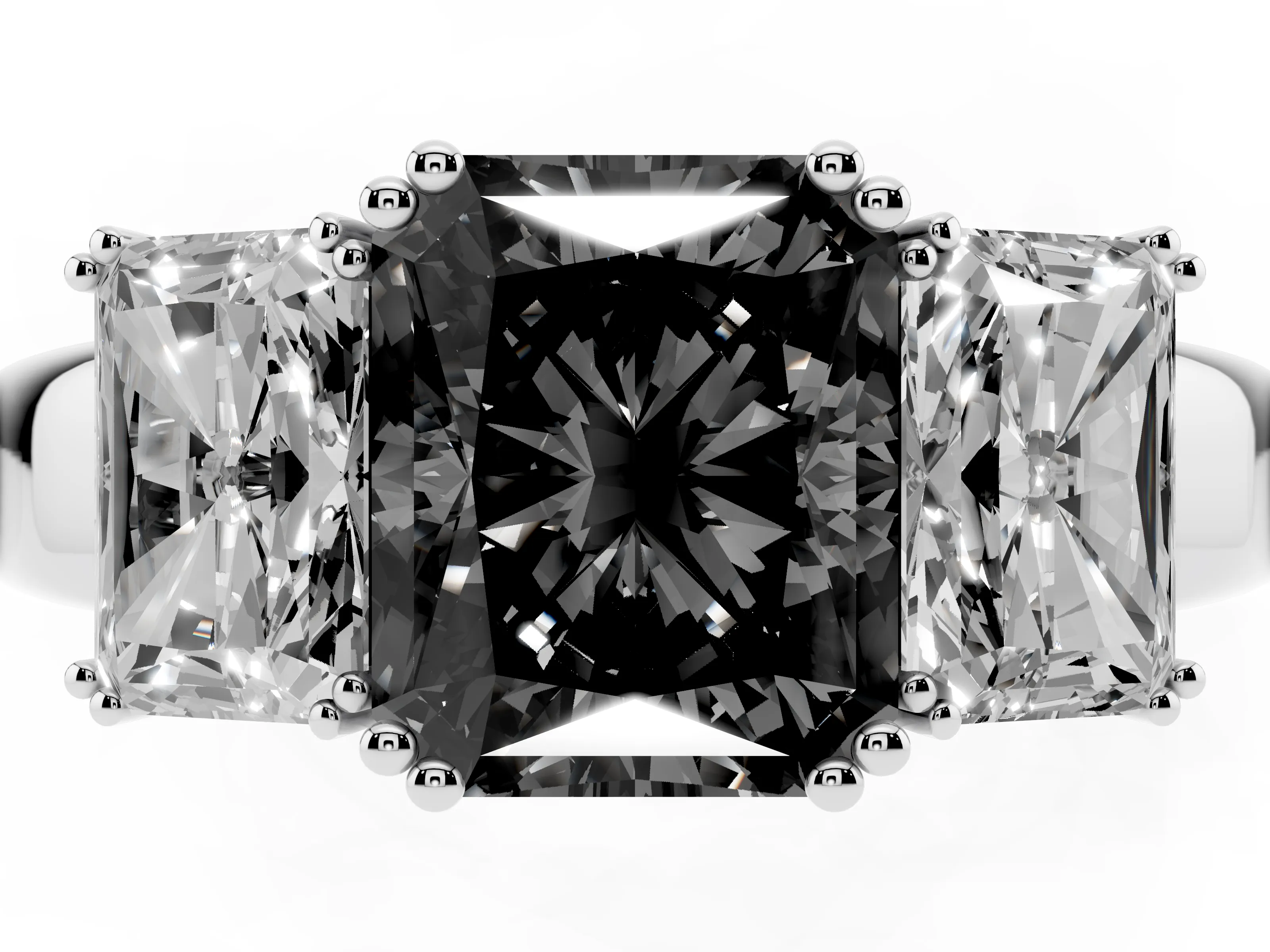Fancy Black Radiant Cut Diamond Three-Stone Ring Set in Platinum with Polished Channel-Set Band