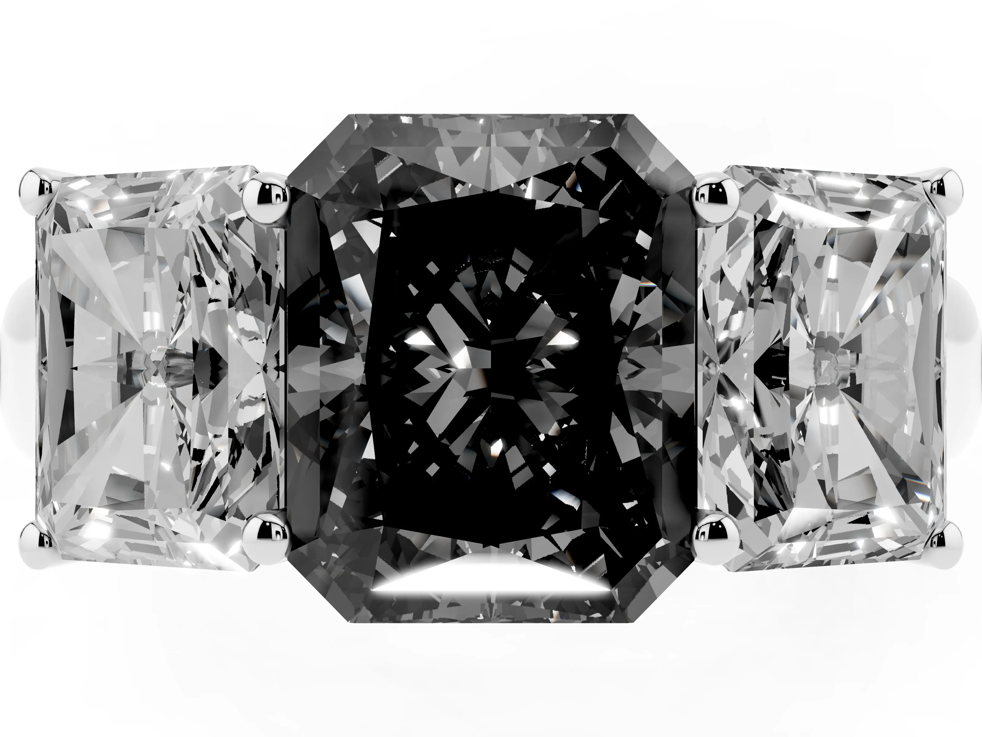 Fancy Black Radiant Cut Diamond Three-Stone Ring Set in White gold with Plain Polished Band