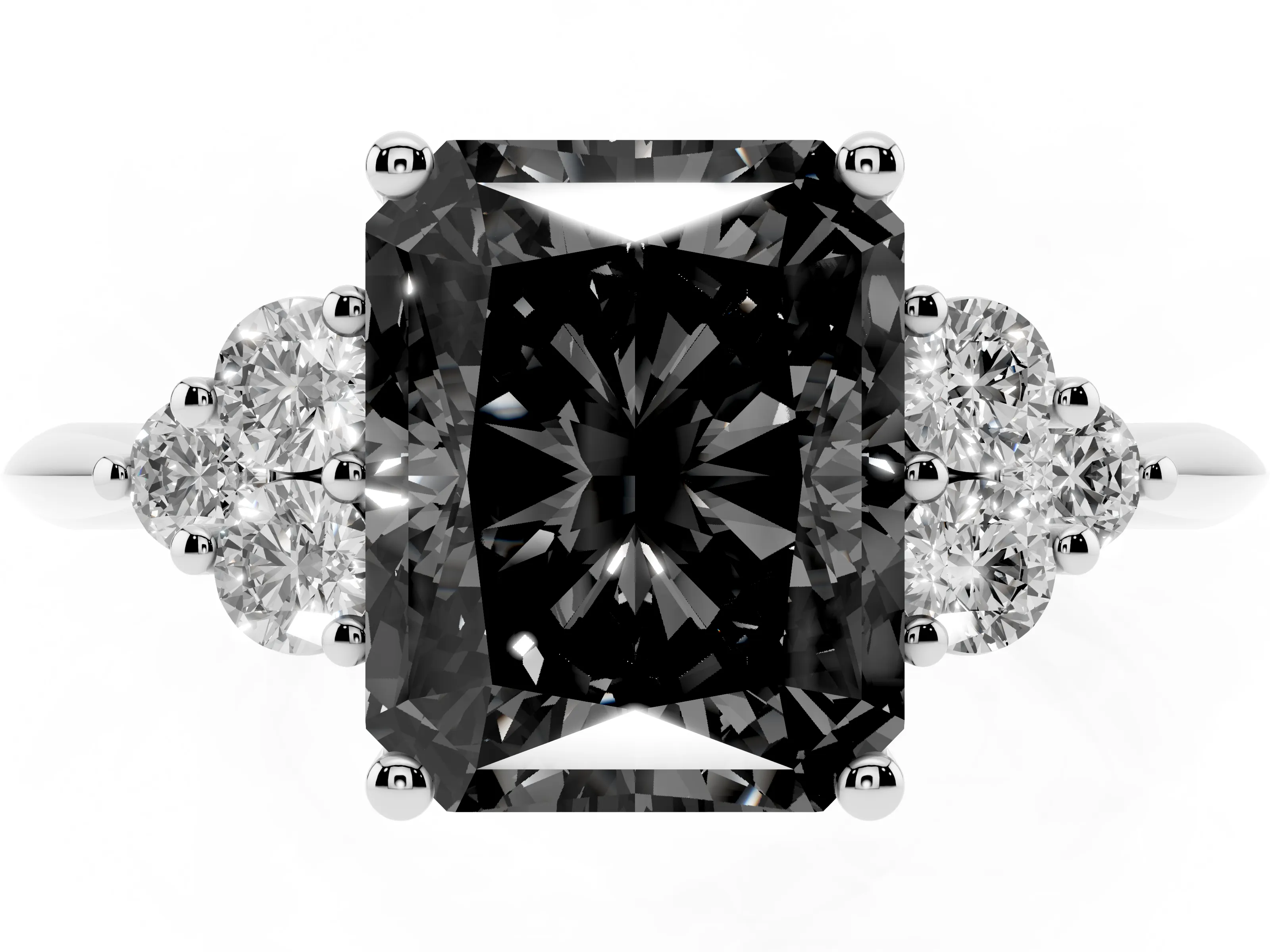 Fancy Black Radiant Cut Diamond Cluster Ring Set in Silver with Plain Band and Prong Setting