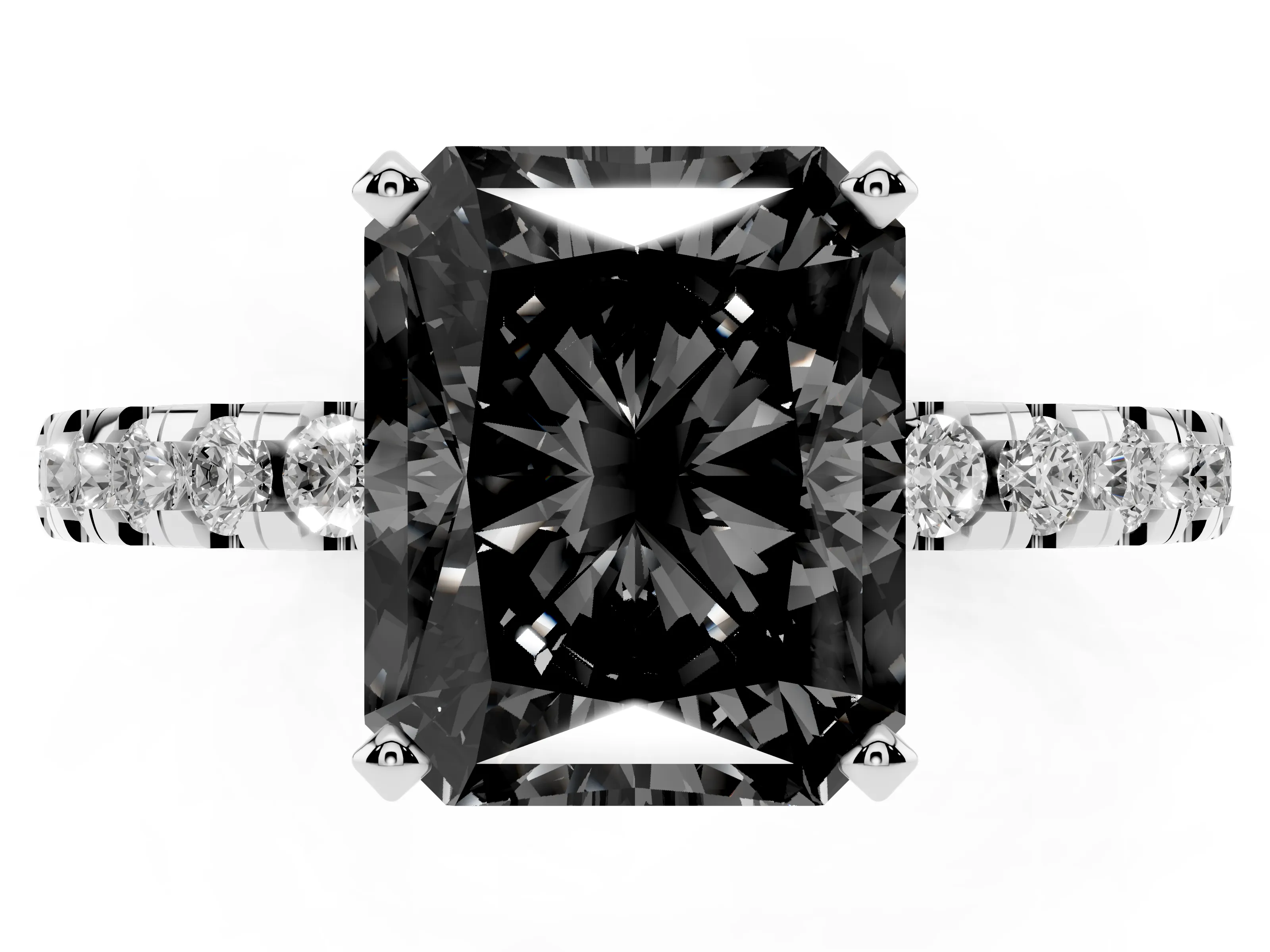 Fancy Black Radiant Cut Diamond Pavé Solitaire Ring Set in Silver with Round Band Accents and Prong Setting