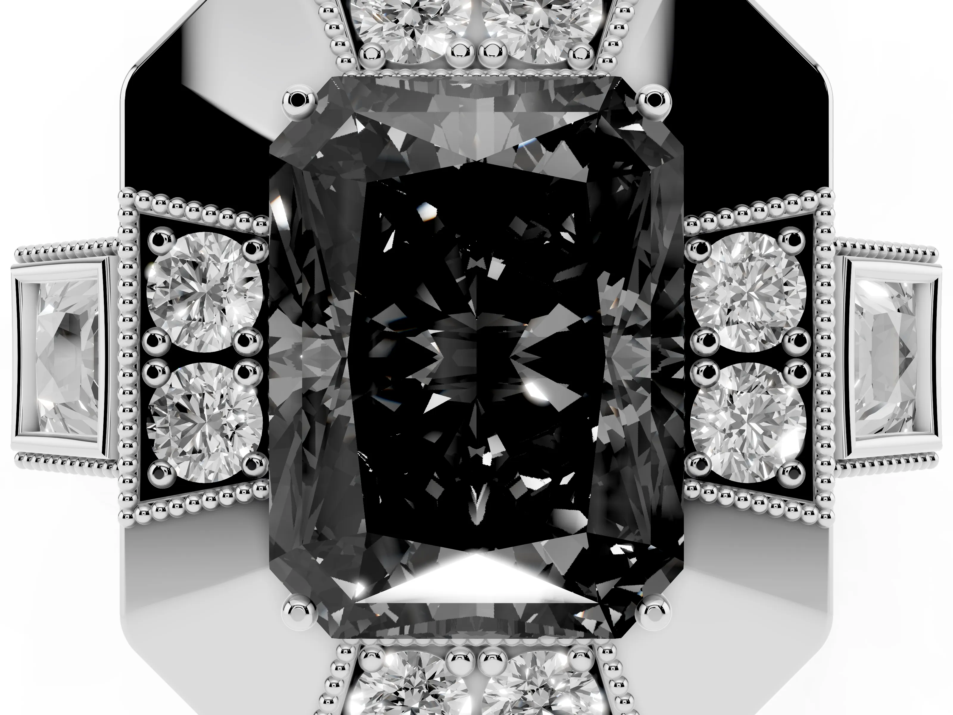 Fancy Black Radiant Cut Diamond Milgrain Halo Ring Set in Silver with Split Shank